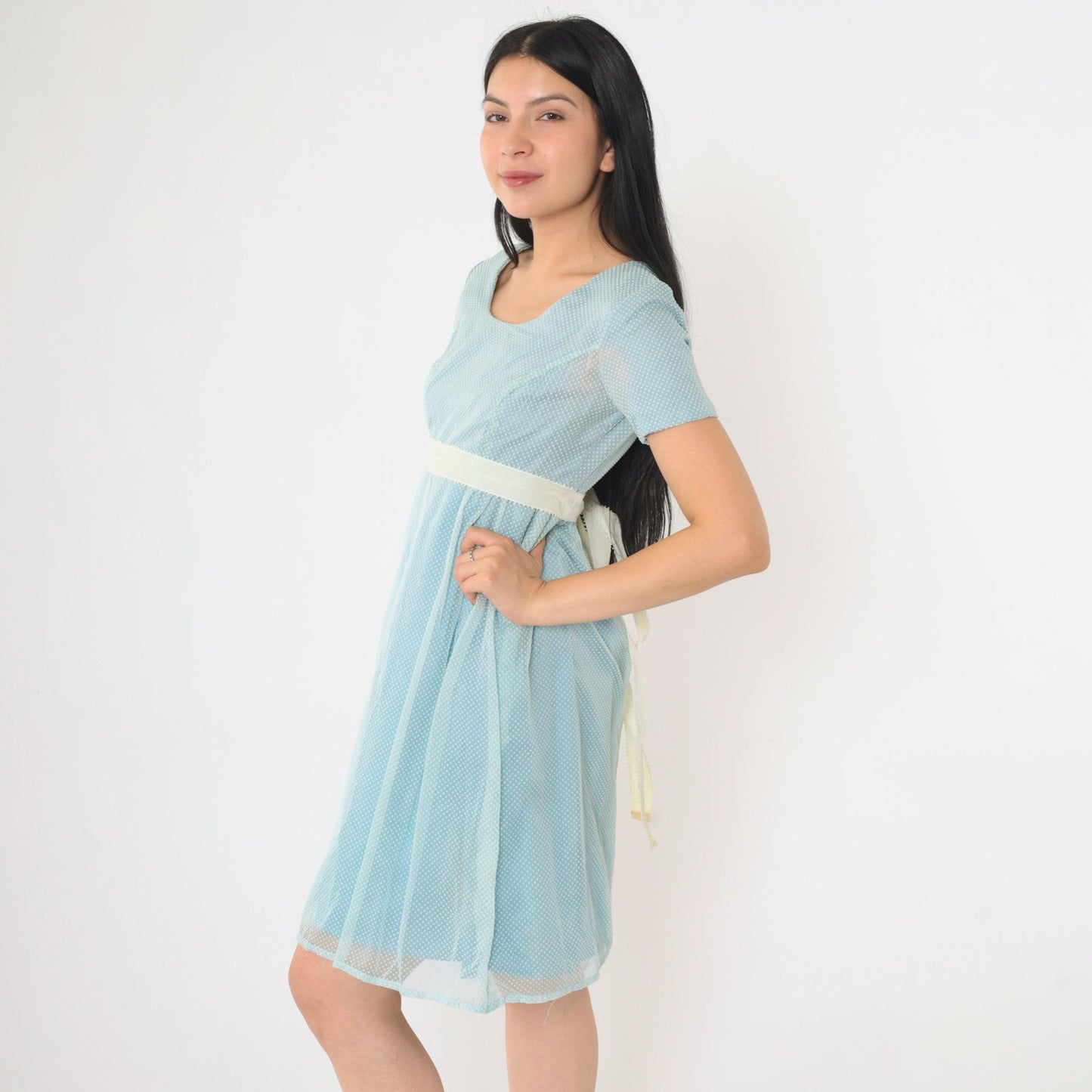 1970s Swiss Dot Babydoll Mini Dress Baby Blue Empire Waist Extra Small