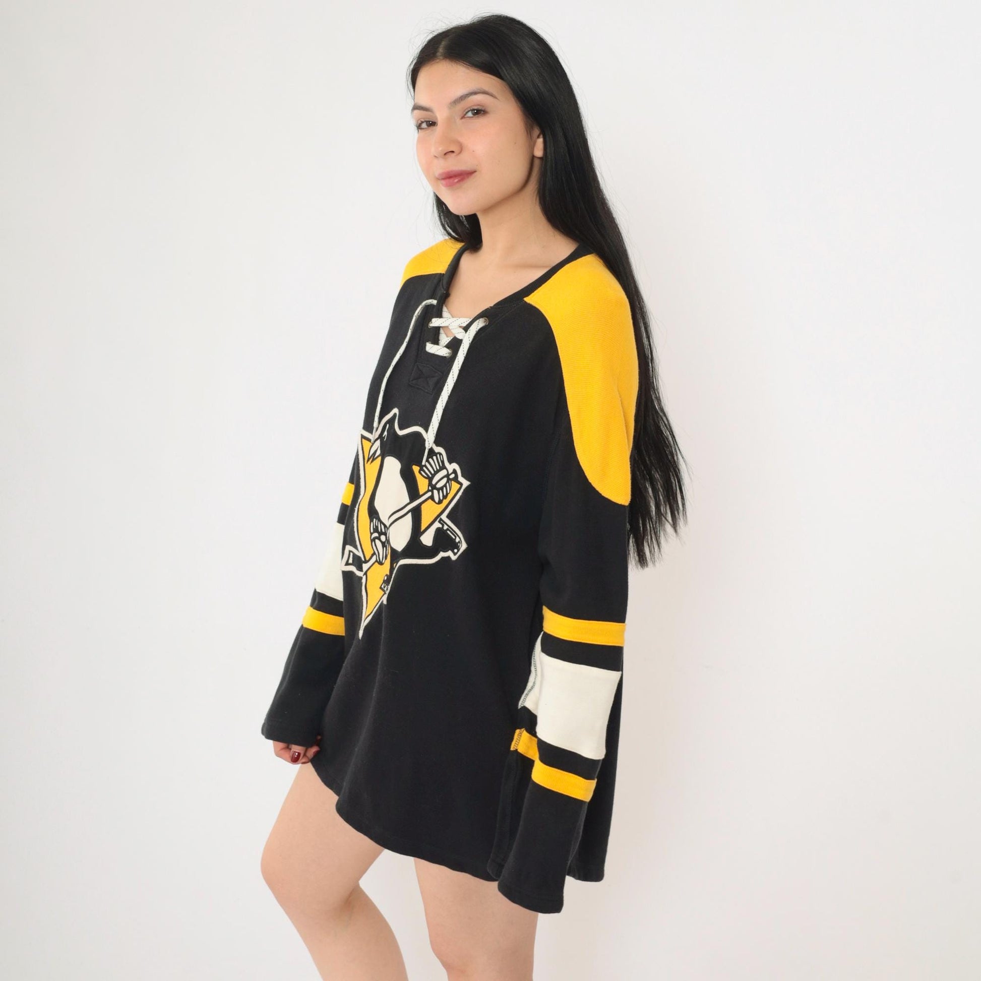 CCM Pittsburgh Penguins Hockey Jersey Black Yellow Lace-Up Medium