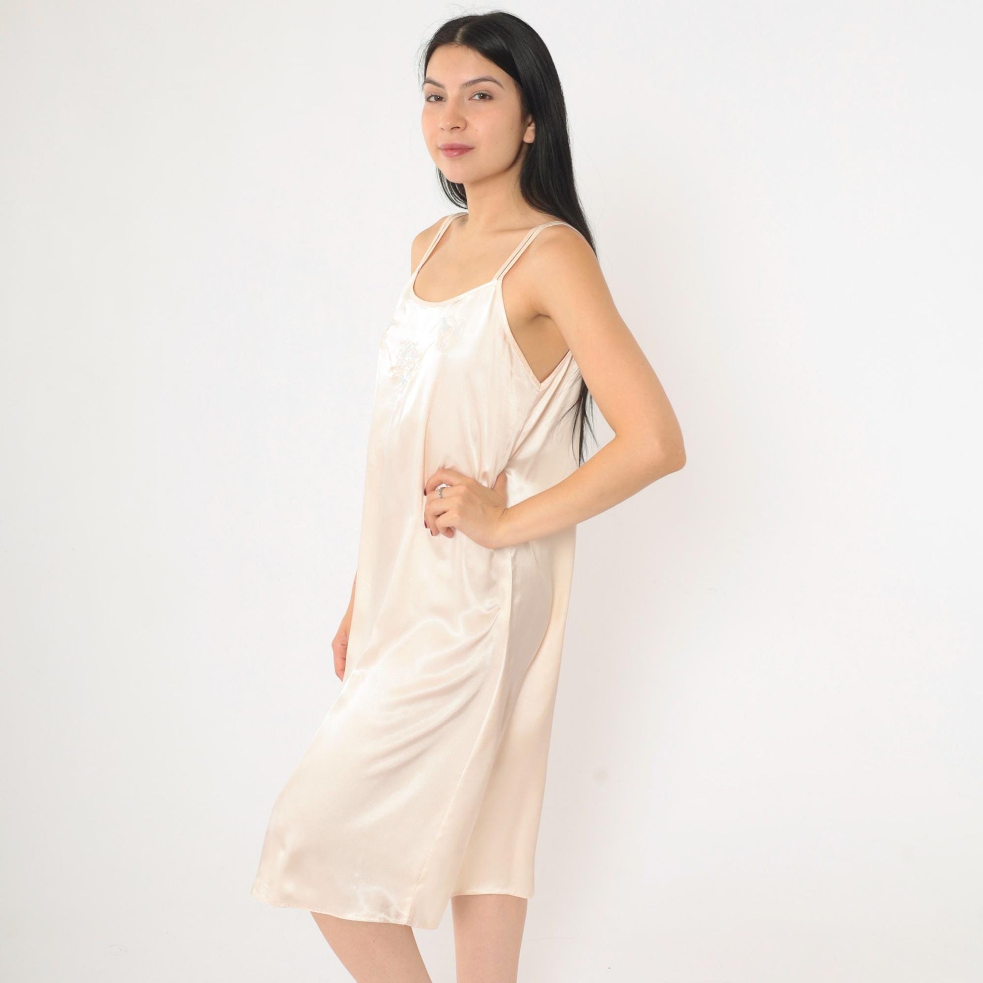 90s Floral Embroidered Slip Dress Pale Pink Satin Midi Chemise Medium