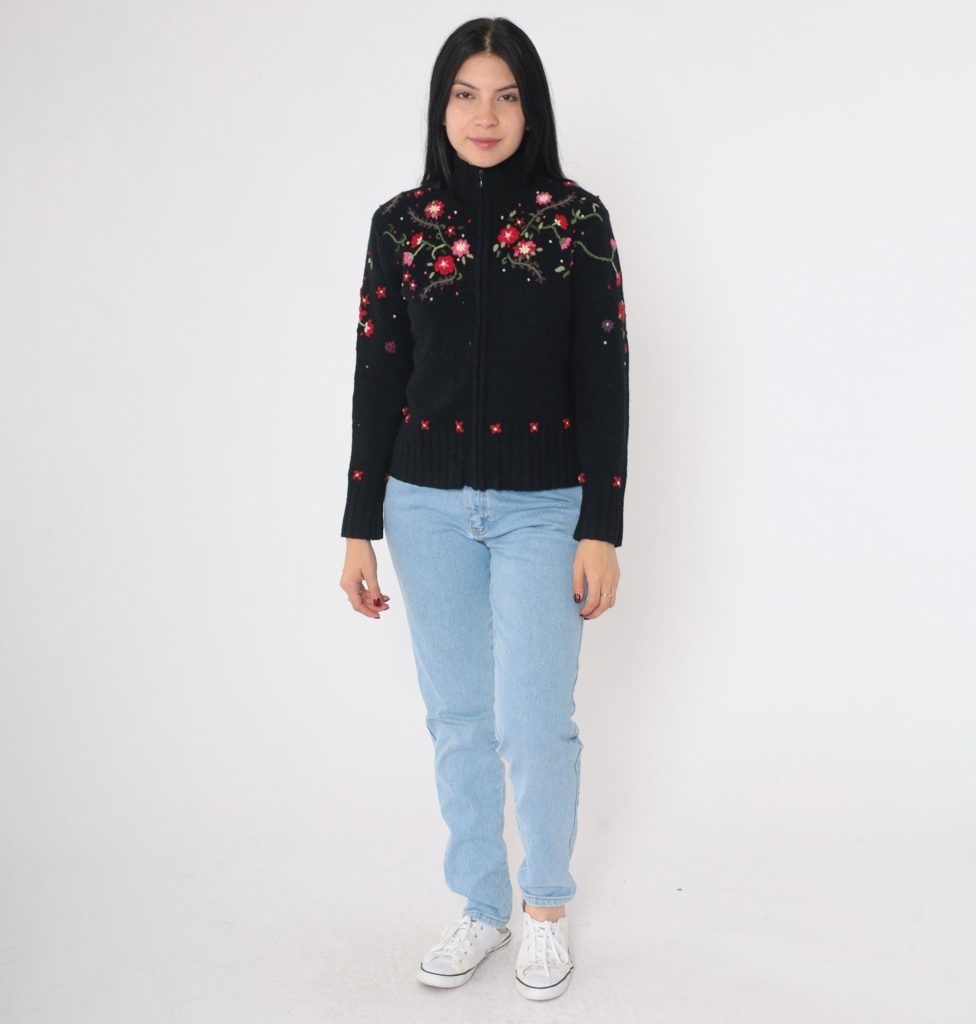Y2K Talbots Floral Embroidered Cardigan Black Lambswool Mock Neck Zip Small