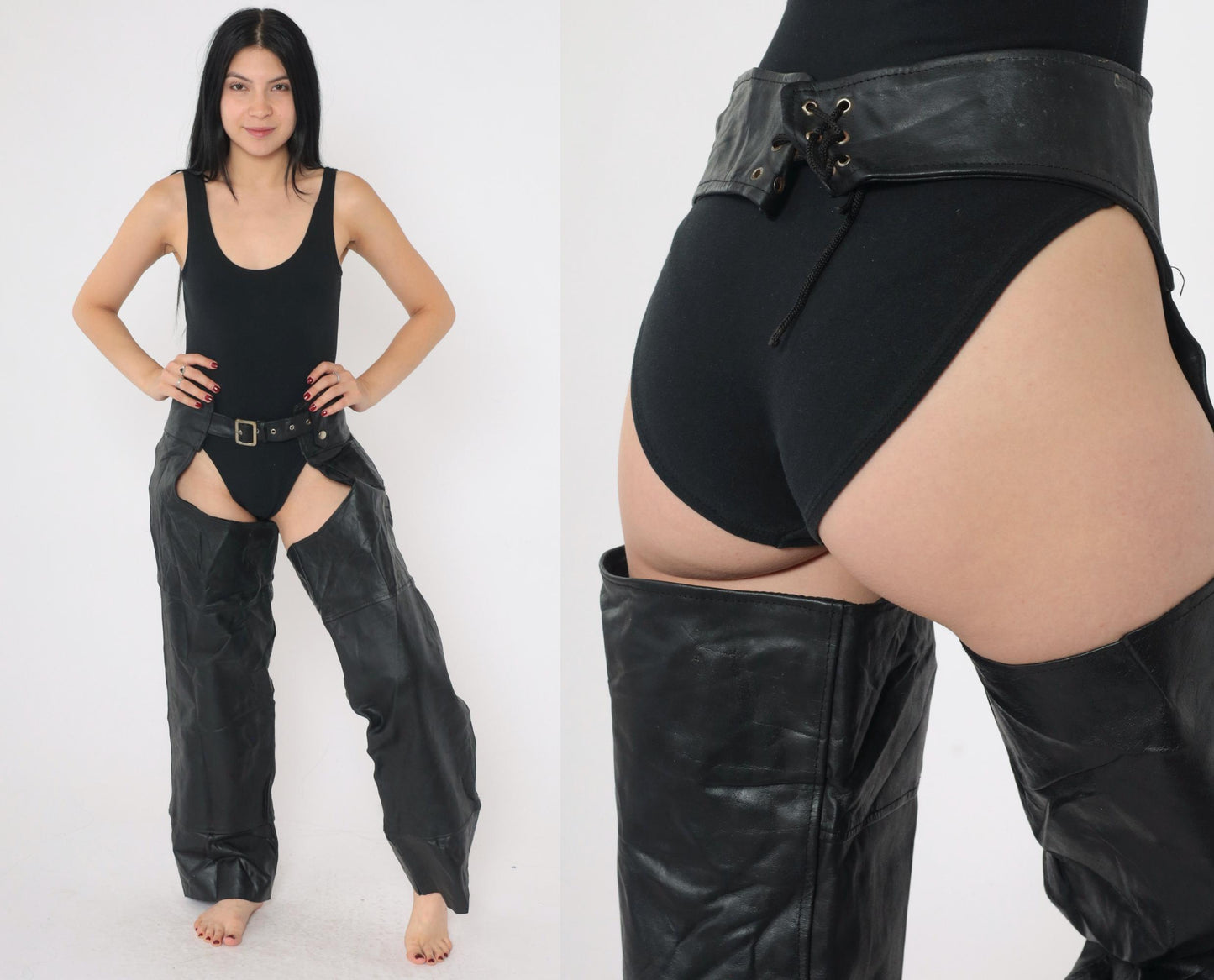 90s Black Leather Assless Chaps Motorcycle Buckle Zippers Small S