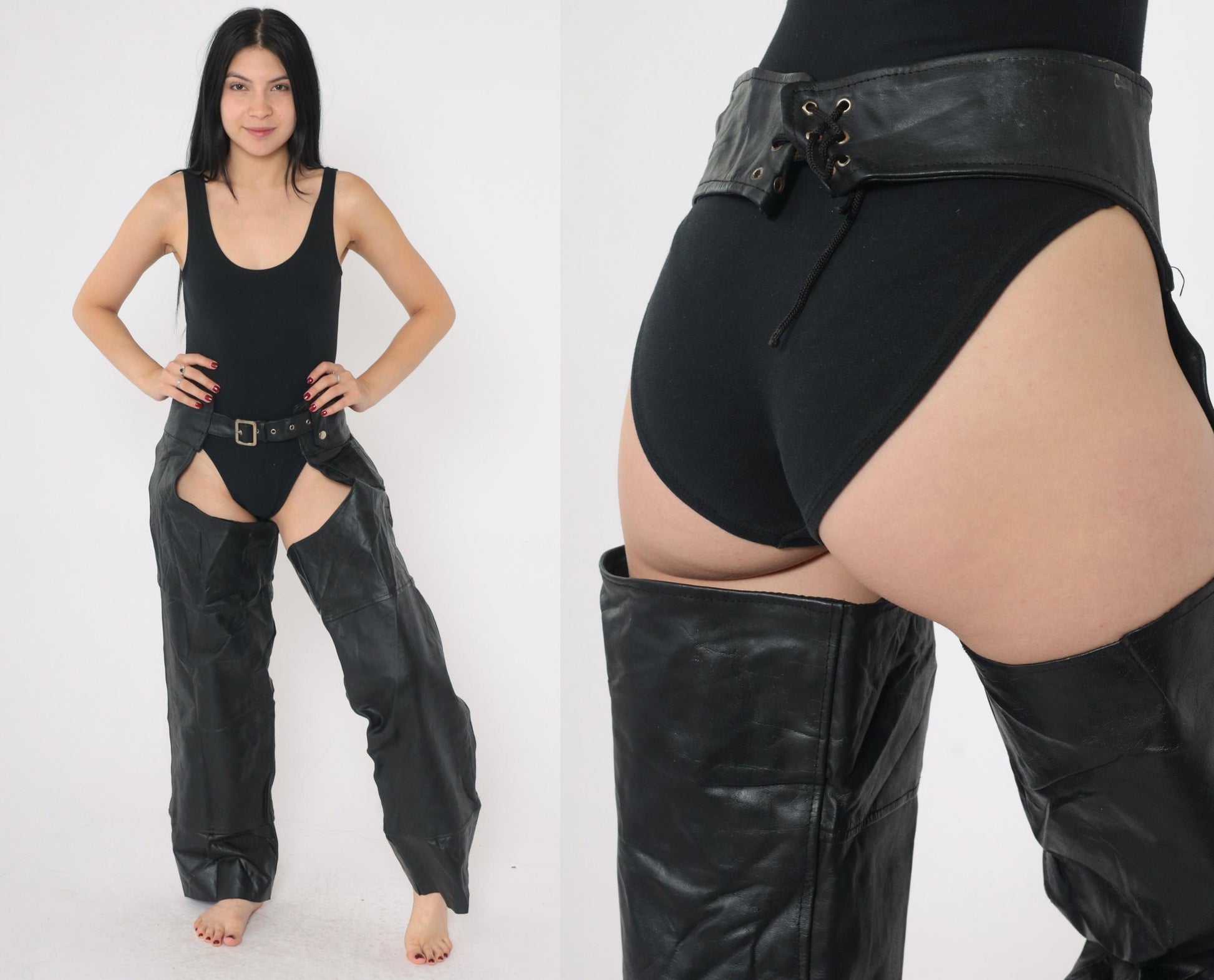 90s Black Leather Assless Chaps Motorcycle Buckle Zippers Small S