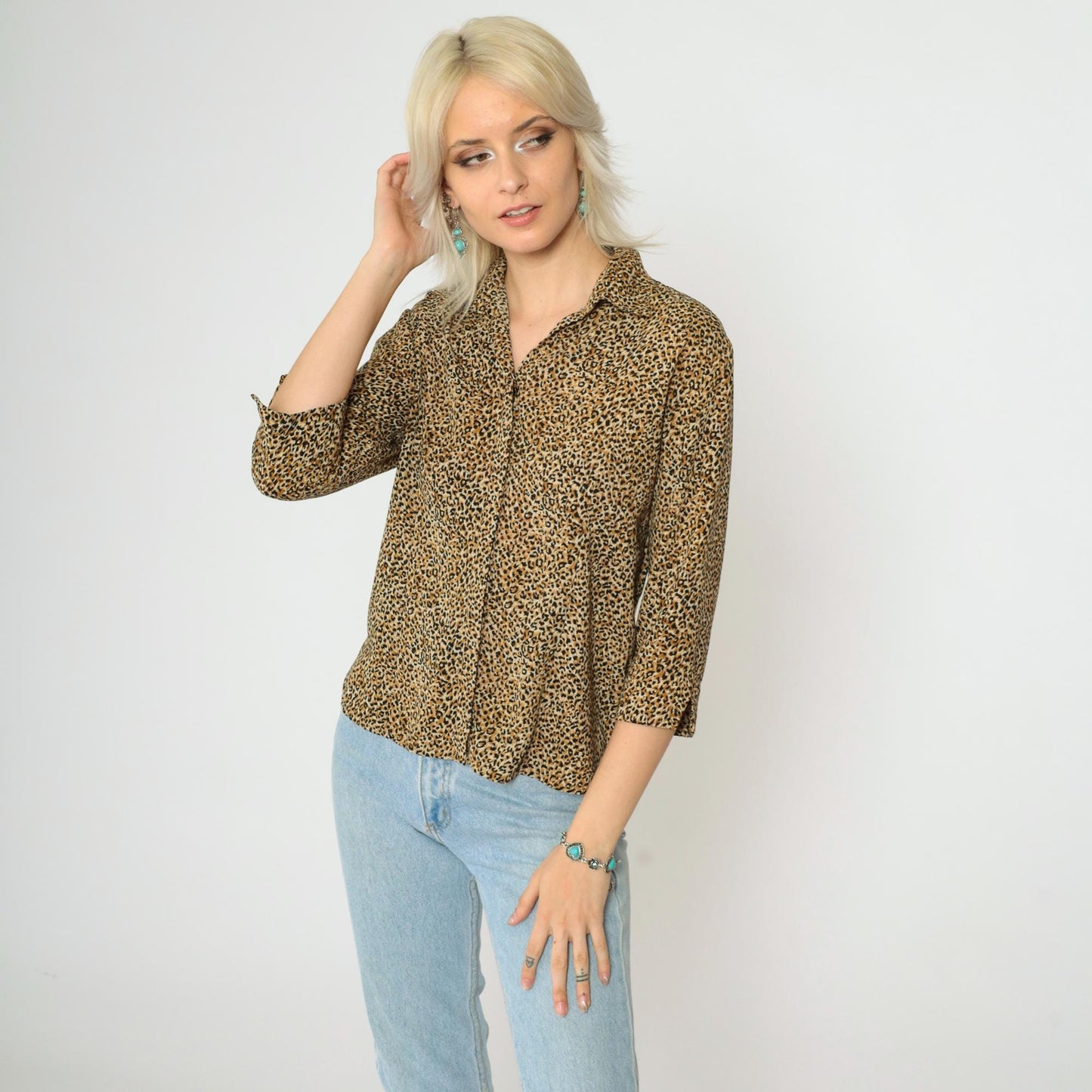 90s Leopard Print Button Up Blouse 3/4 Sleeve Shirt Small Medium