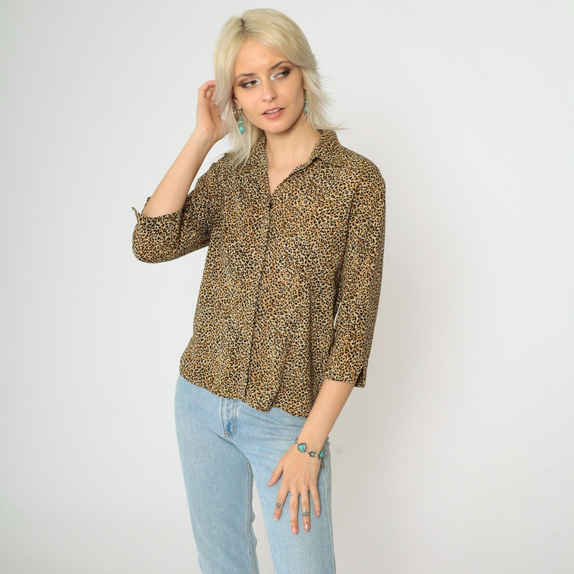 90s Leopard Print Button Up Blouse 3/4 Sleeve Shirt Small Medium