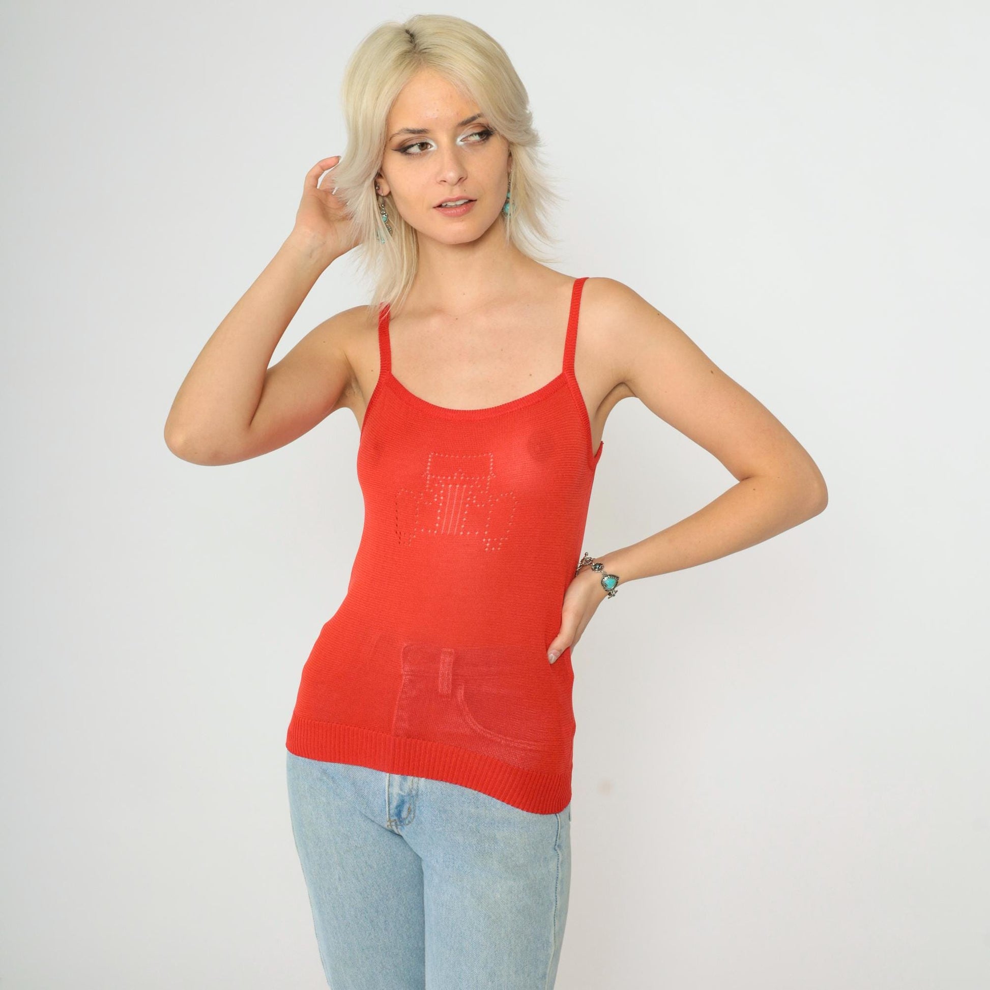 Y2K Red Knit Tank Top Antique Car Cutout Spaghetti Straps Extra Small
