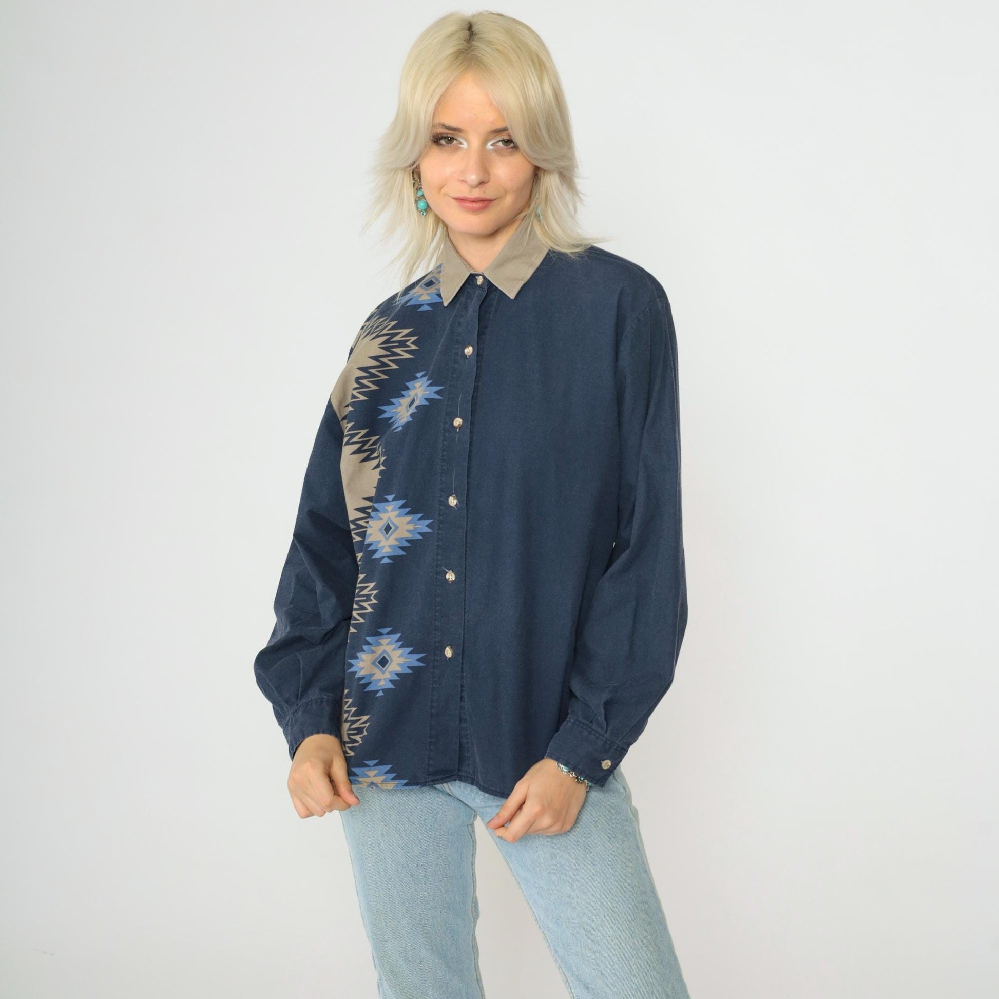90s Roper Southwestern Navy Button-Up Blouse Striped Navajo Print Small