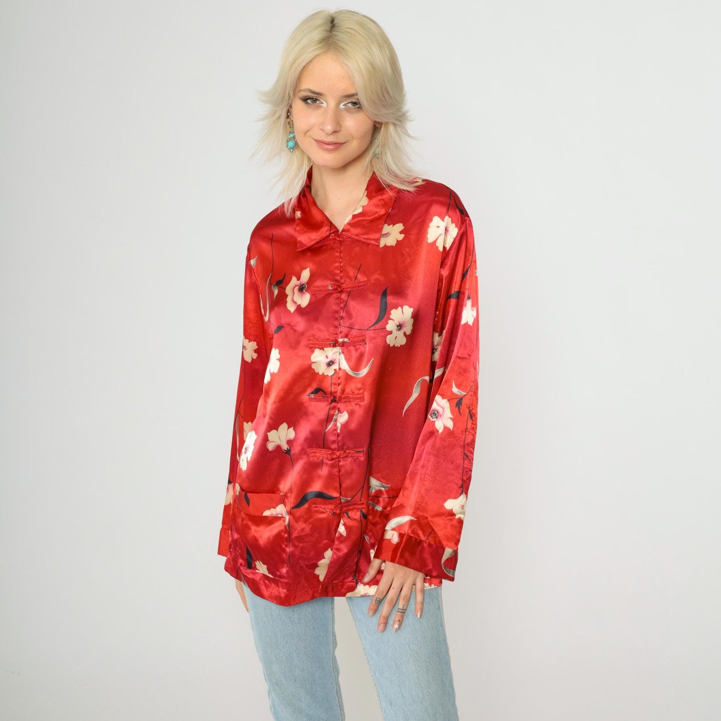 90s Neiman Marcus Red Floral Satin Blouse Frog Closures Ombre Medium