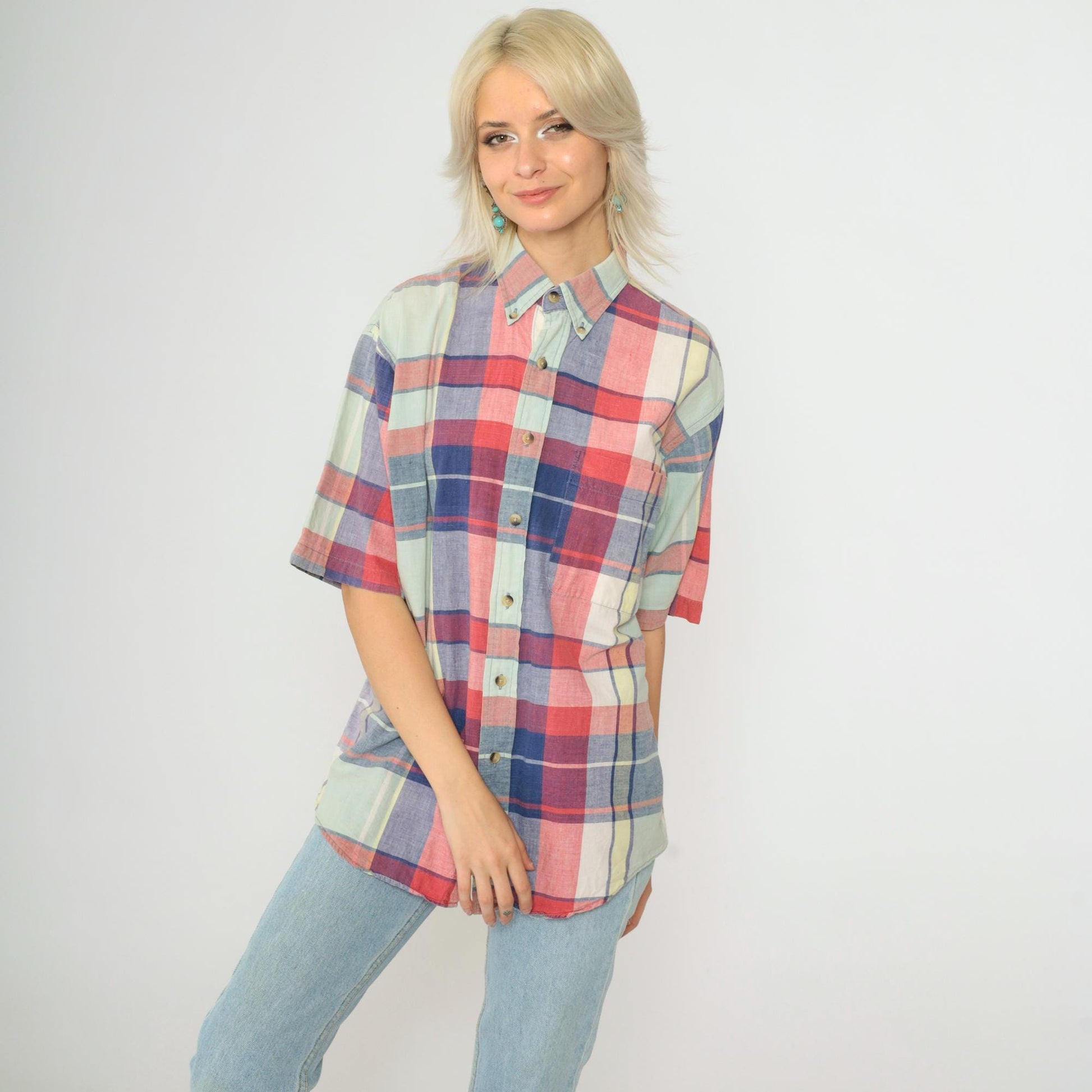 90s Lands End Plaid Button Up Shirt Blue Red Check Short Sleeve Medium