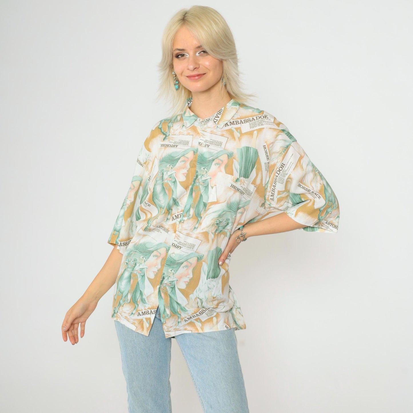 90s Horse Racing Ambassador Graphic Button-Up Shirt Short Sleeve Large