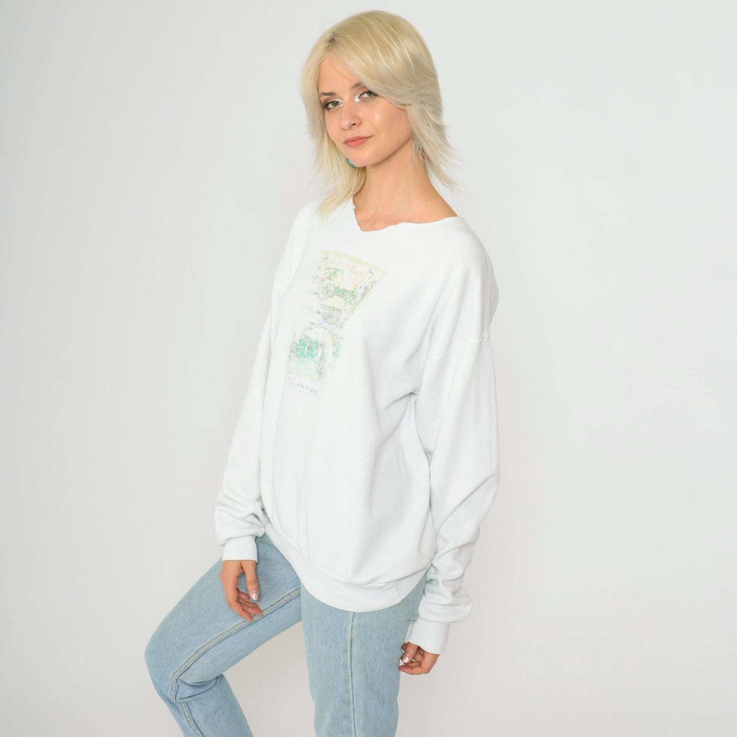 90s Peace on Earth Manatee Beach Christmas Sweatshirt White Cutoff Medium