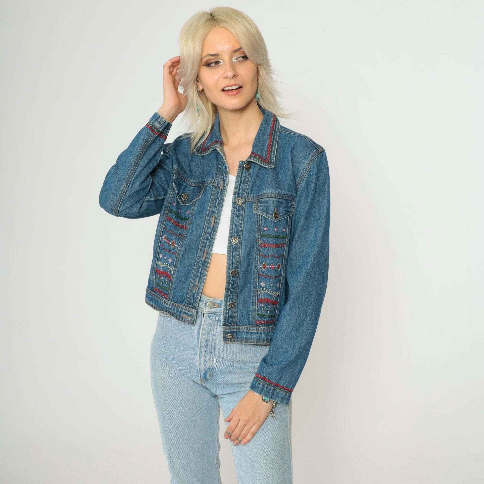 00s New Identity Denim Jacket Geometric Embroidery Blue Jean Jacket Small
