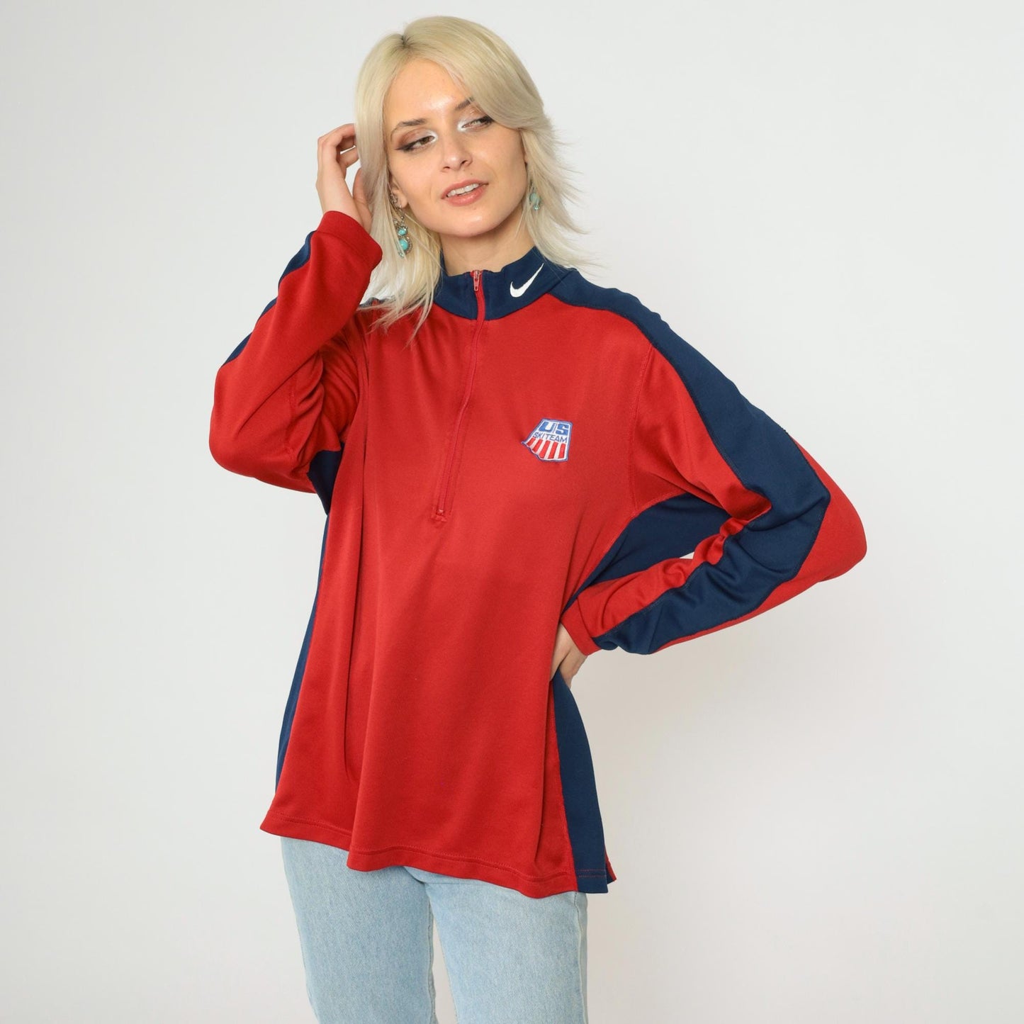 90s Nike US Ski Team Long Sleeve Quarter Zip Mock Neck Red Large