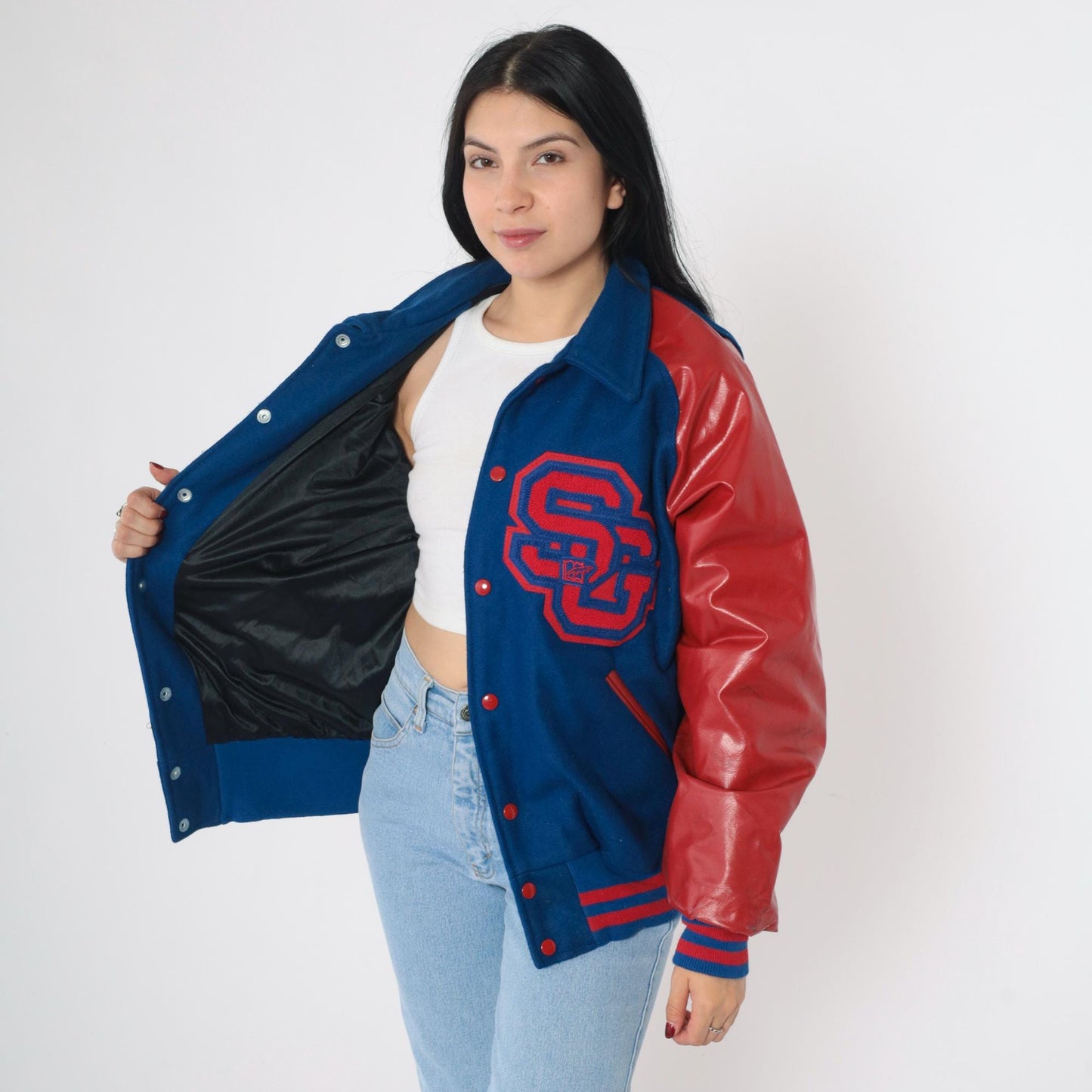 90s Varsity Jacket Blue Red Wool Melton Leather Sleeves SG Patch Men's Large L