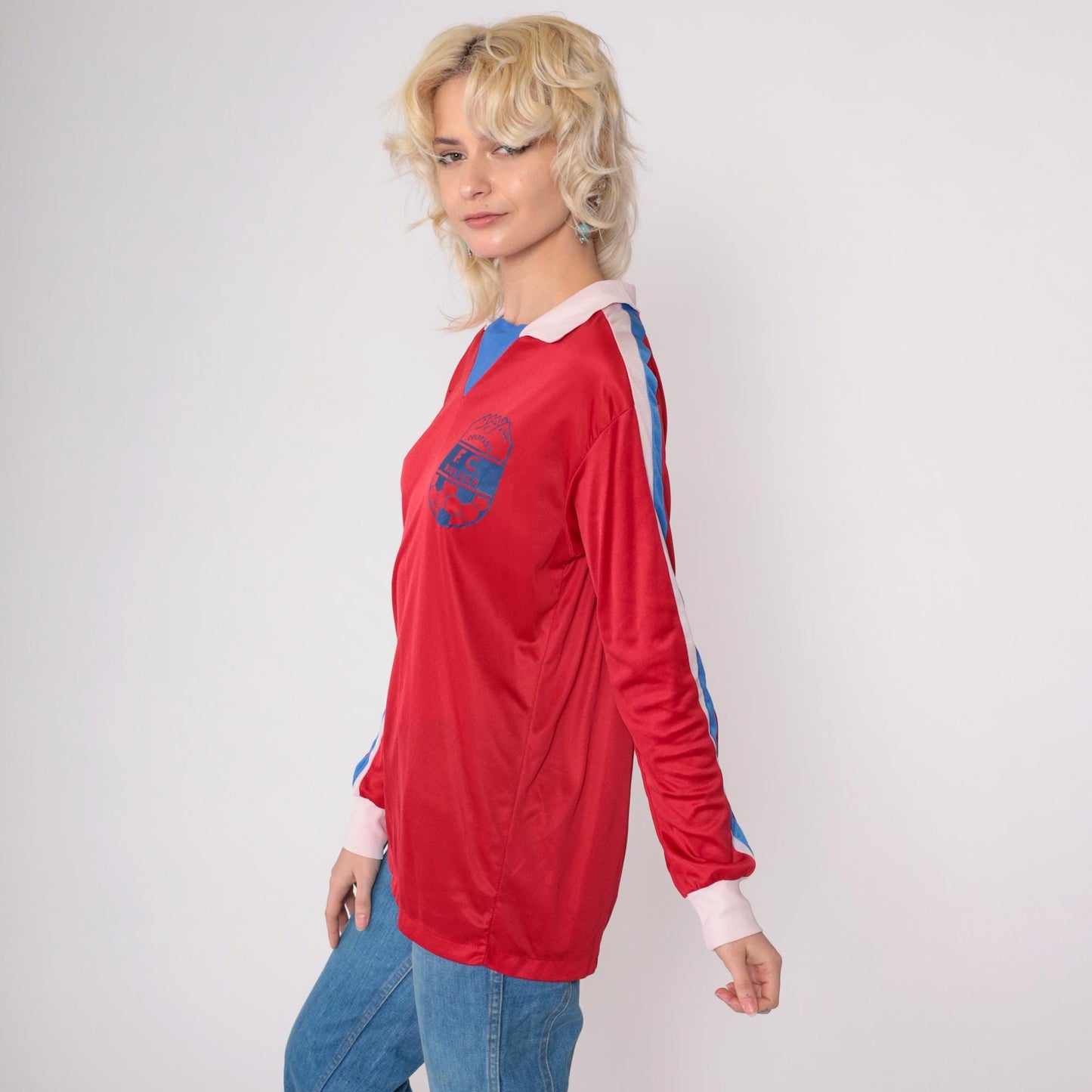 80s Colorado FC Boulder Soccer Jersey Red Blue Striped Long Sleeve Medium