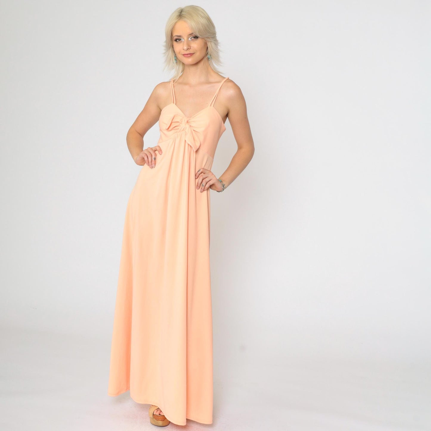 1970s Peach Grecian Maxi Dress Empire Waist Chest Tie Spaghetti Strap Small