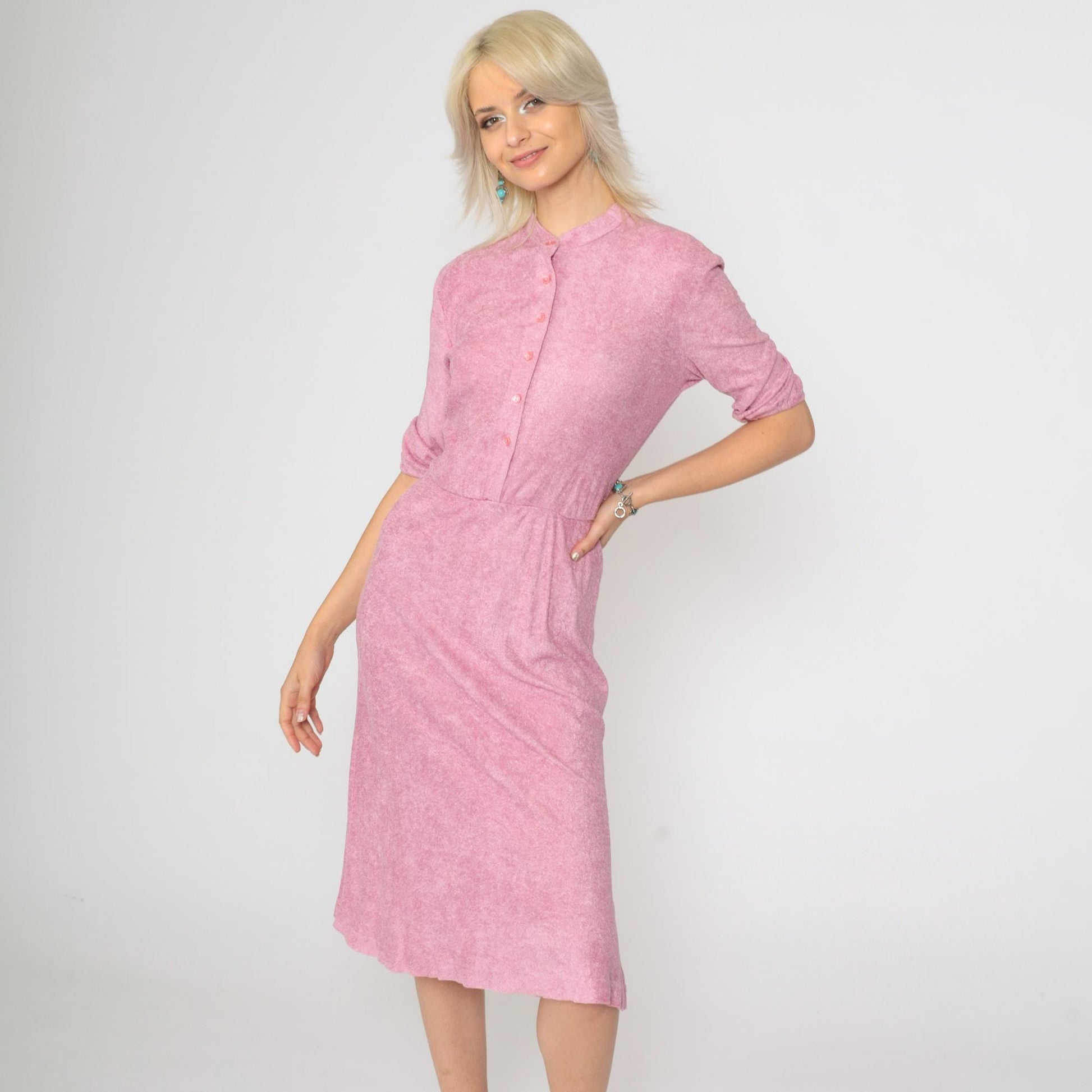 70s Pink Terry Cloth Midi Dress Mandarin Collar Button Up Half Sleeve Extra Small