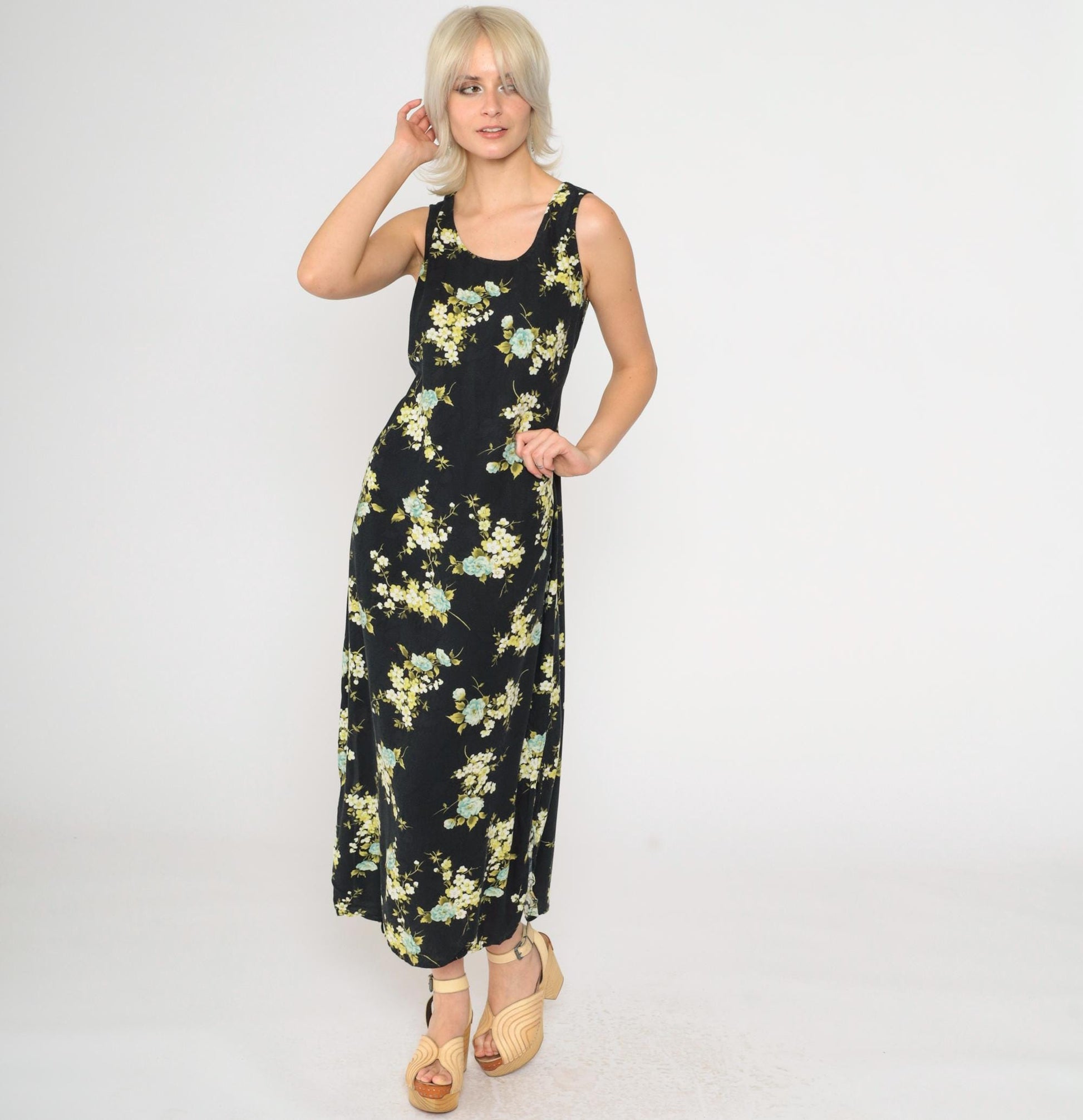 90s R&K Originals Black Floral Rayon Dress Sleeveless Ankle Length Medium