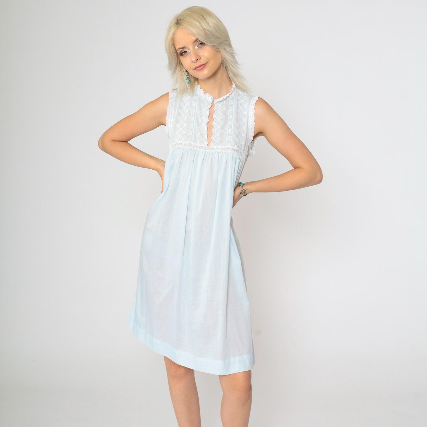 80s Christian Dior Baby Blue Floral Embroidered Nightgown Mini Sleeveless Small