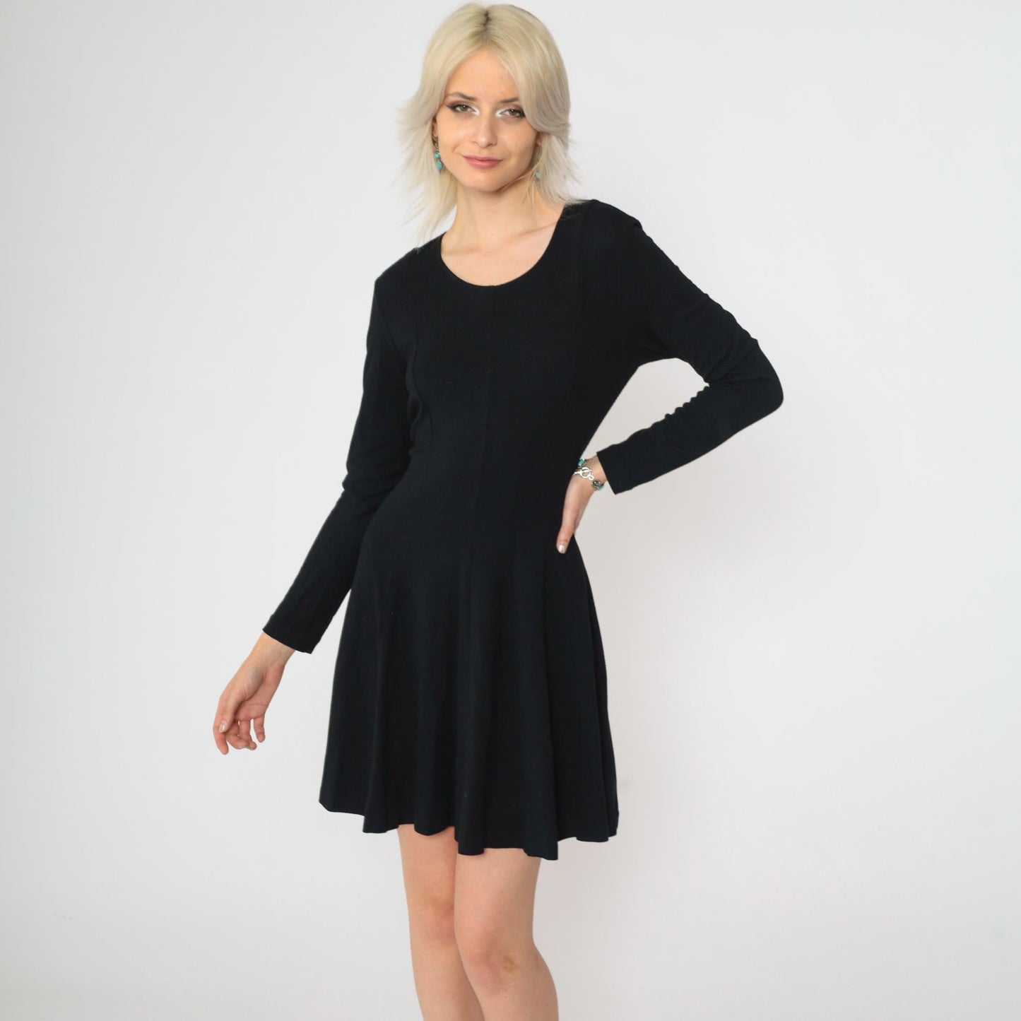 90s Norma Kamali Black Mini Dress Lace-Up Back Long Sleeve Scoop Neck Small Medium