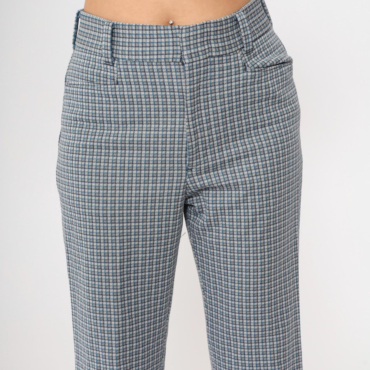 70s Checkered High-Waisted Straight Leg Trousers Grey Blue Medium