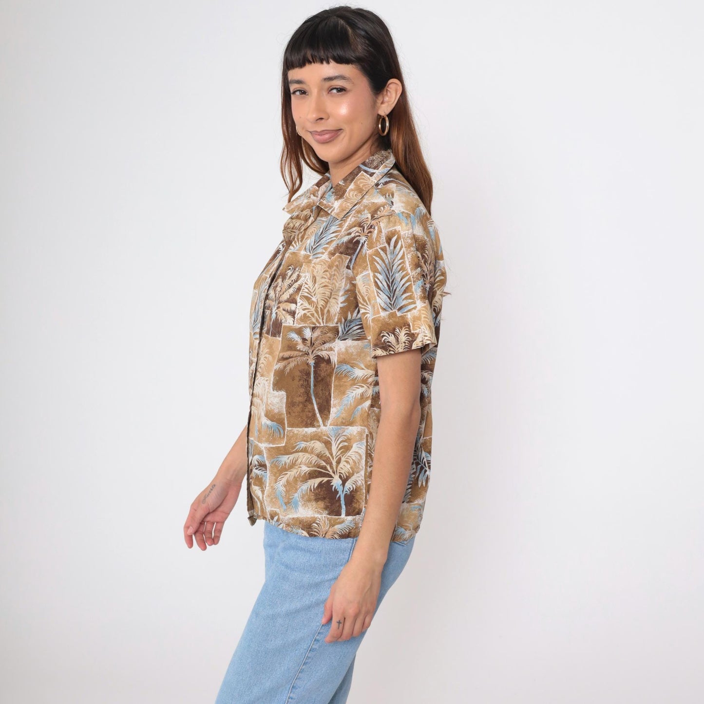 90s Hawaiian Shirt Brown Palm Tree Print Cotton Button Up Medium