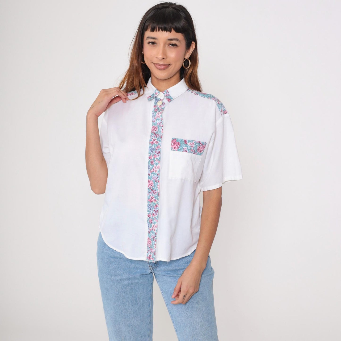 90s Fritzi Petites White Floral Button-Up Blouse Short Sleeve Medium