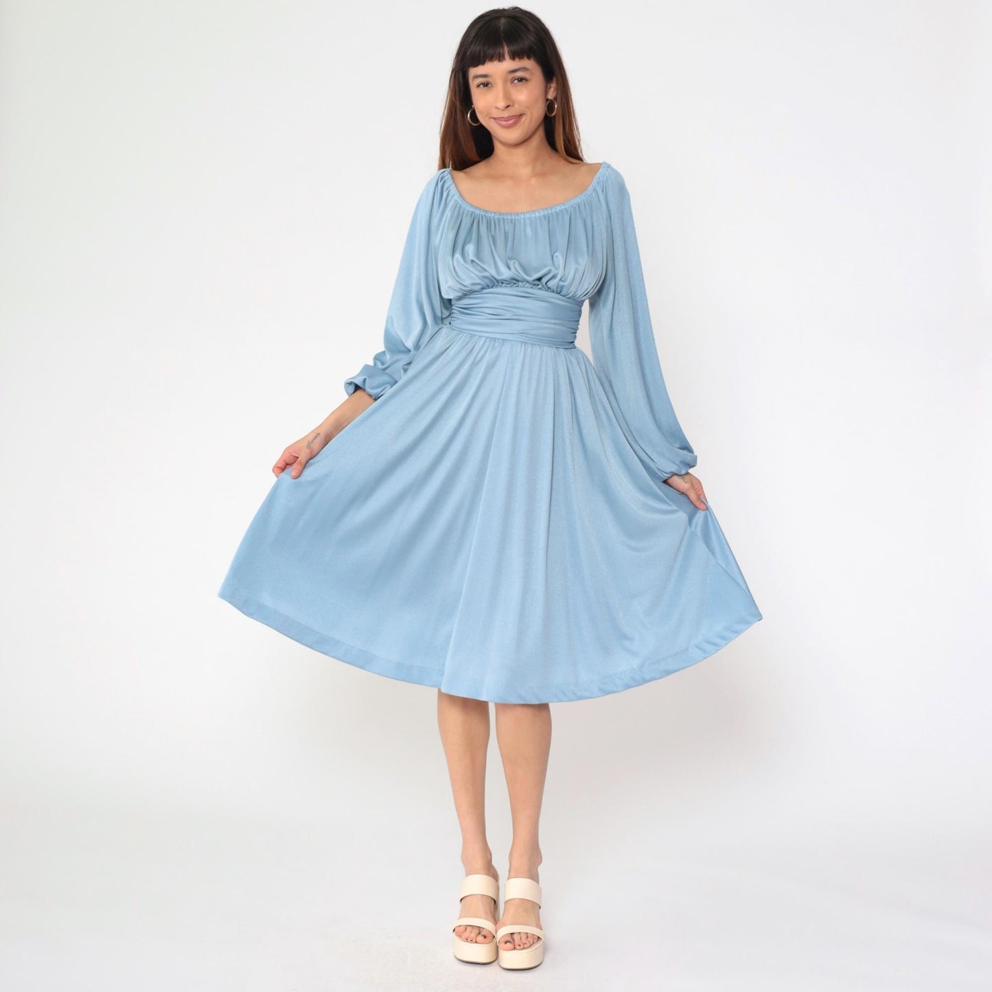 70s Blue Peasant Midi Dress Empire Waist Long Sleeve Off-Shoulder Extra Small