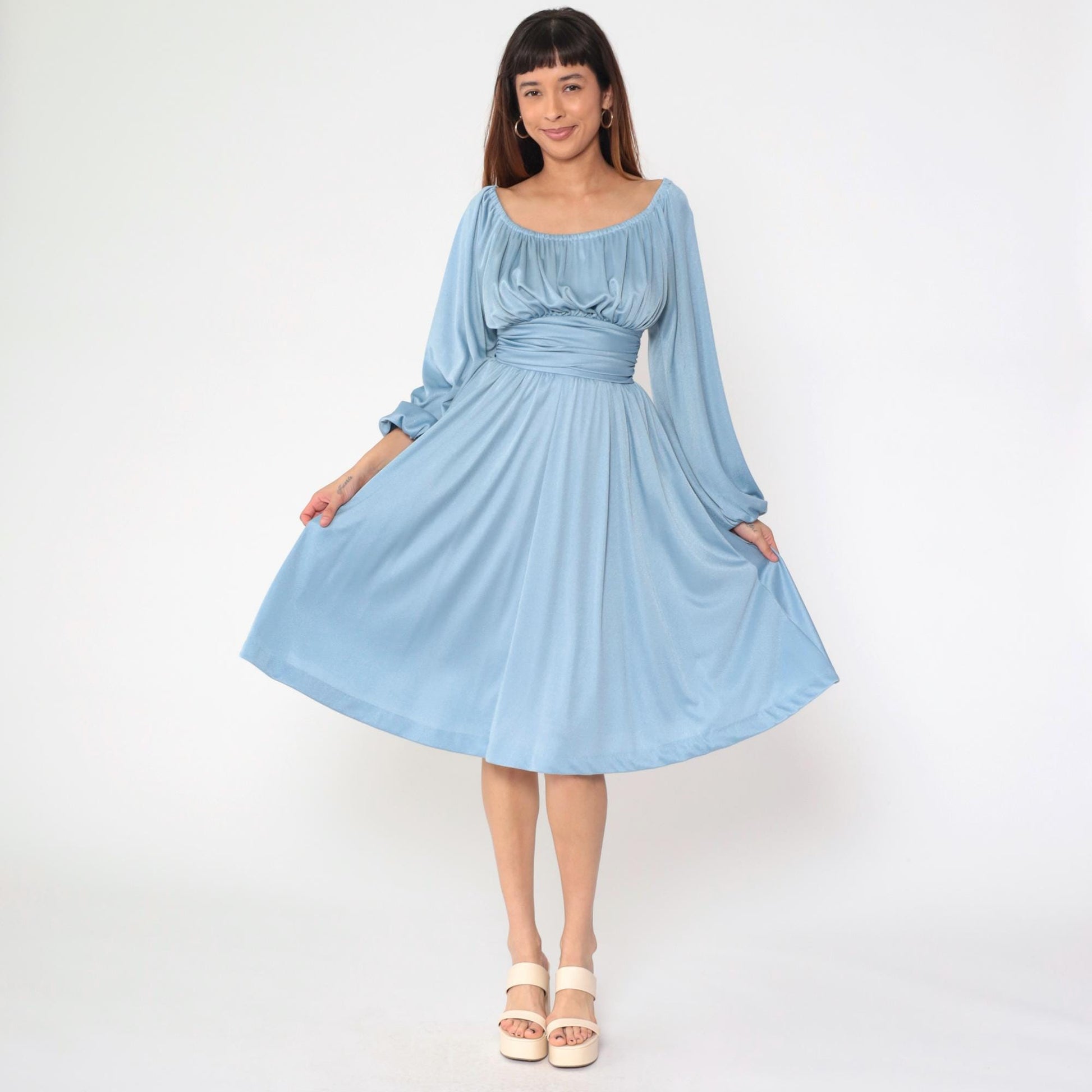 70s Blue Peasant Midi Dress Empire Waist Long Sleeve Off-Shoulder Extra Small