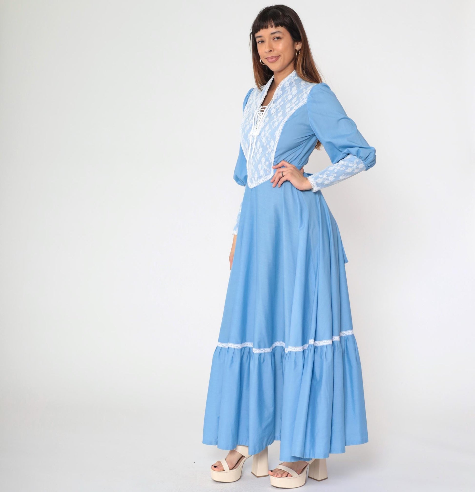 70s Blue Prairie Maxi Dress Lace Bib Puff Sleeve Lace-Up Small