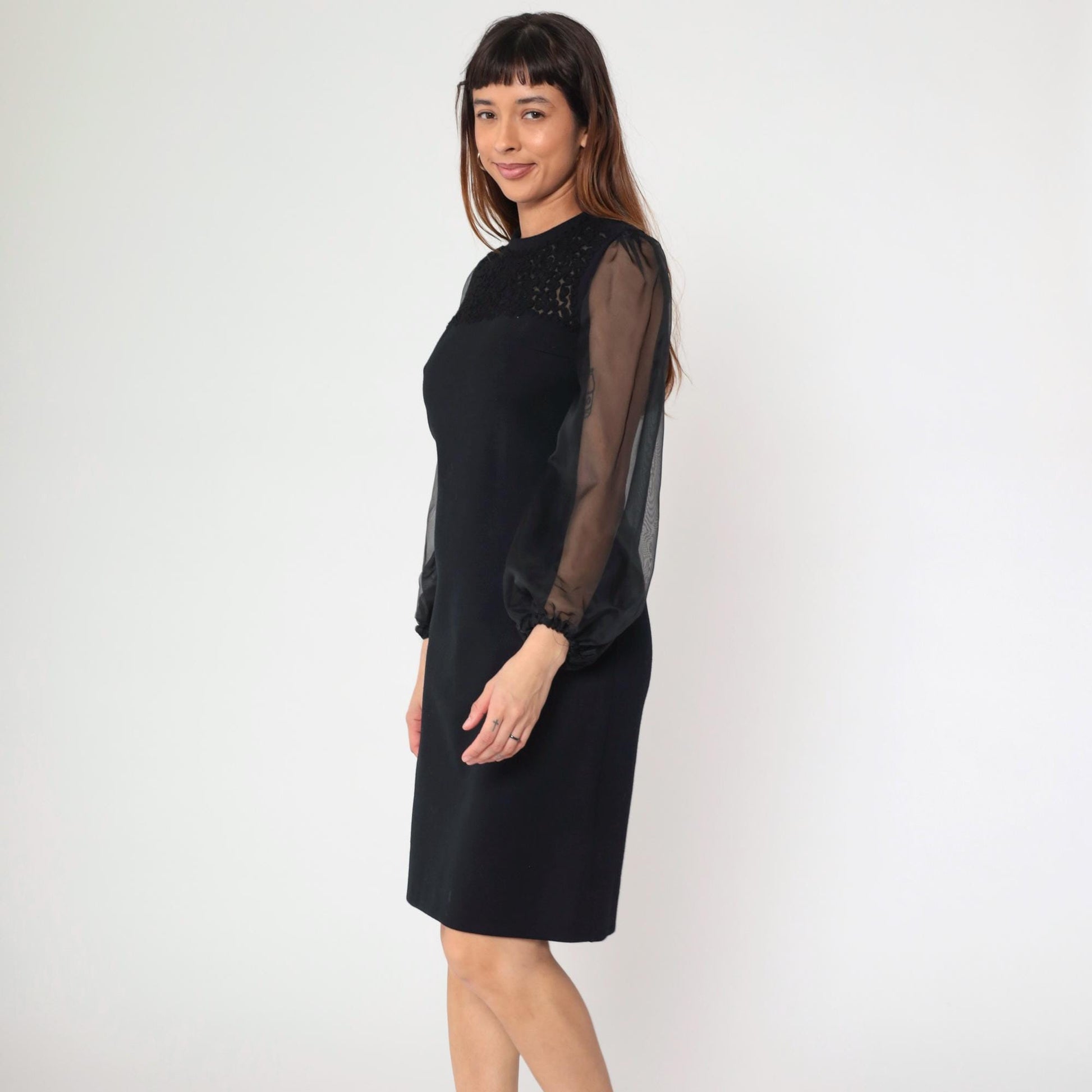 60s R & K Knits Black Sheath Dress Soutache Organza Sleeves Small
