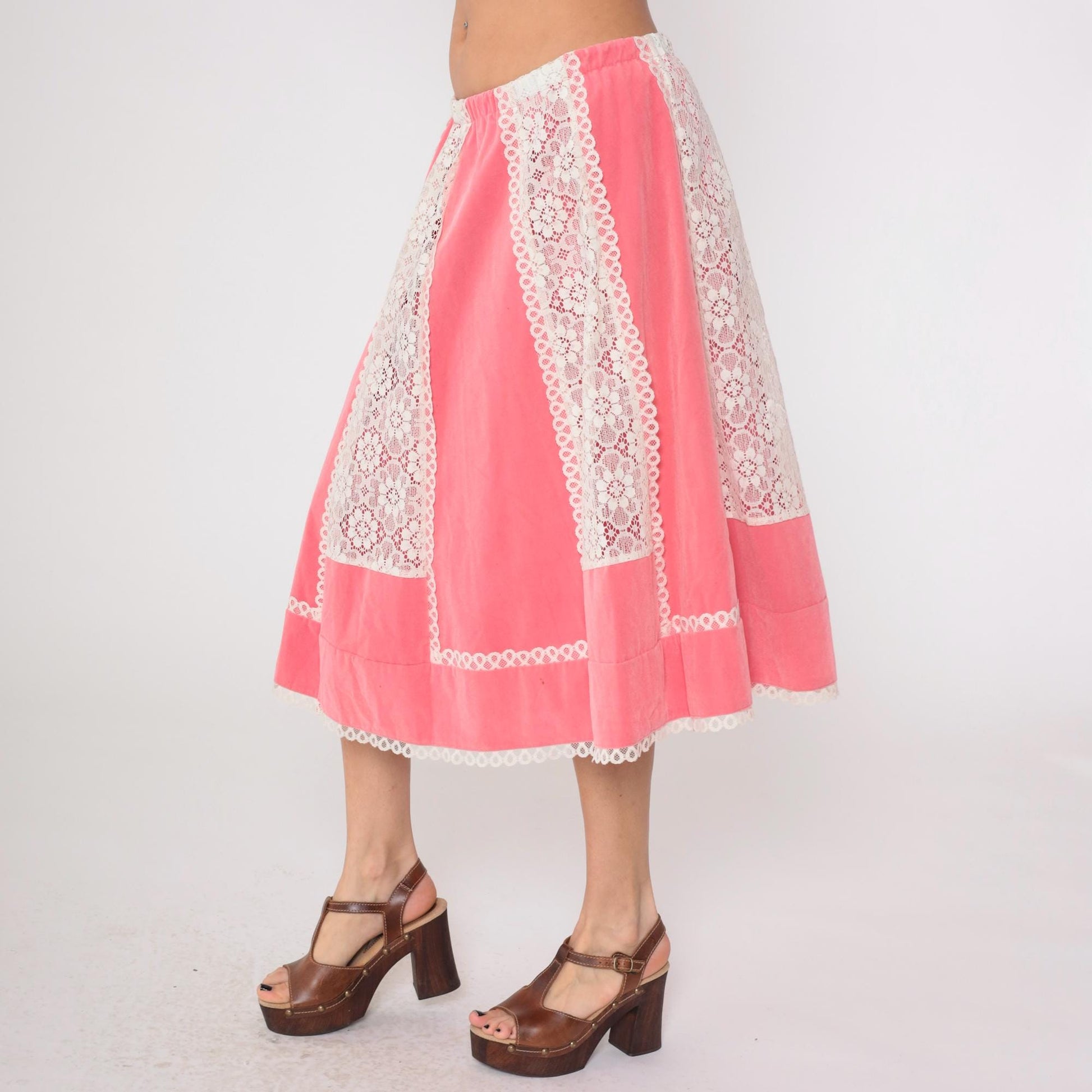 70s Carefree Fashions Pink Velour Midi Skirt Lace Trim High Waist Medium Large