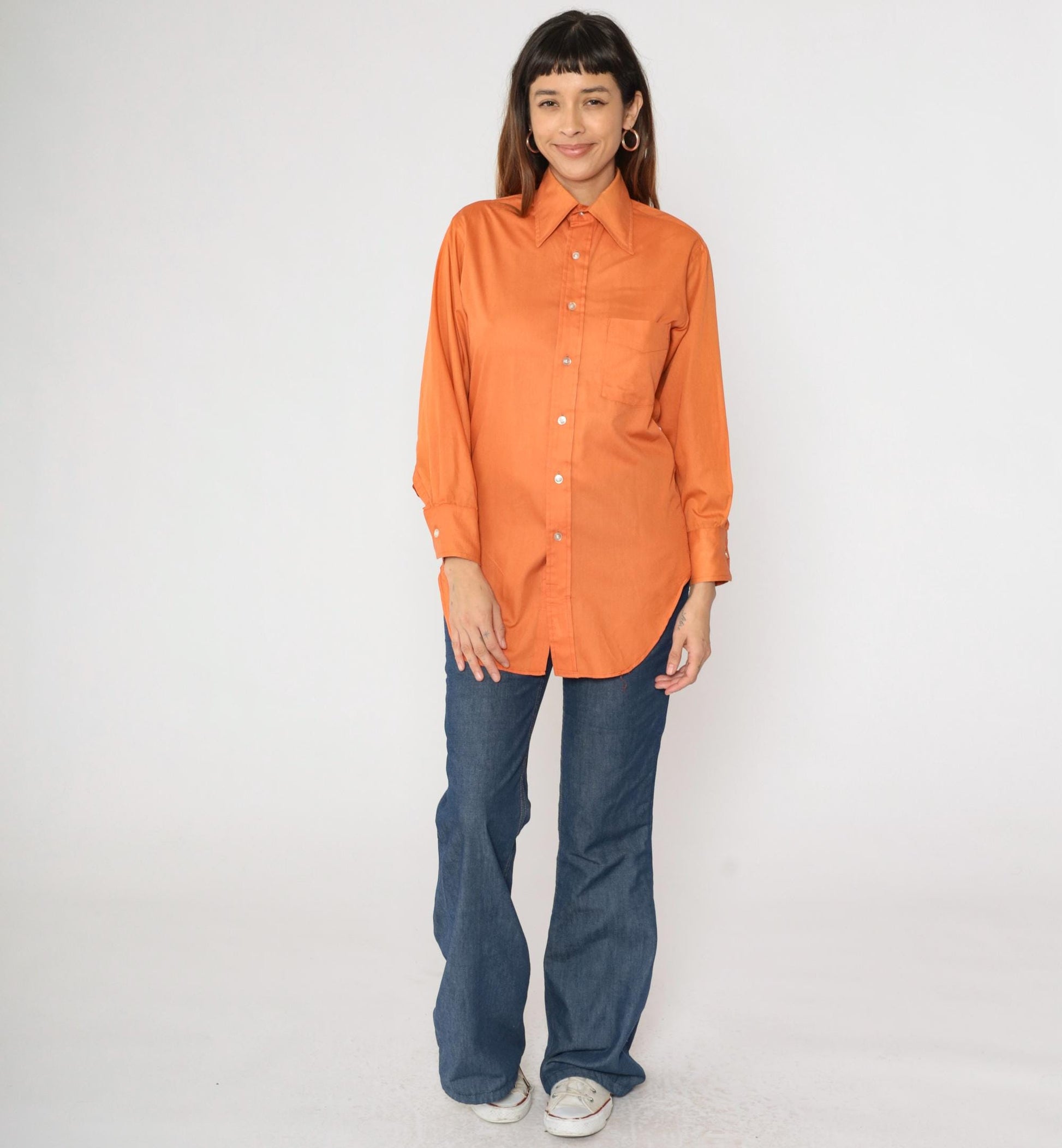 70s Orange Dagger Collar Button-Up Shirt Long Sleeve Men's Small