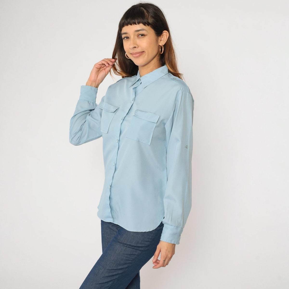 80s Ship n Shore Light Blue Button-Up Blouse Roll Tab Sleeves Medium