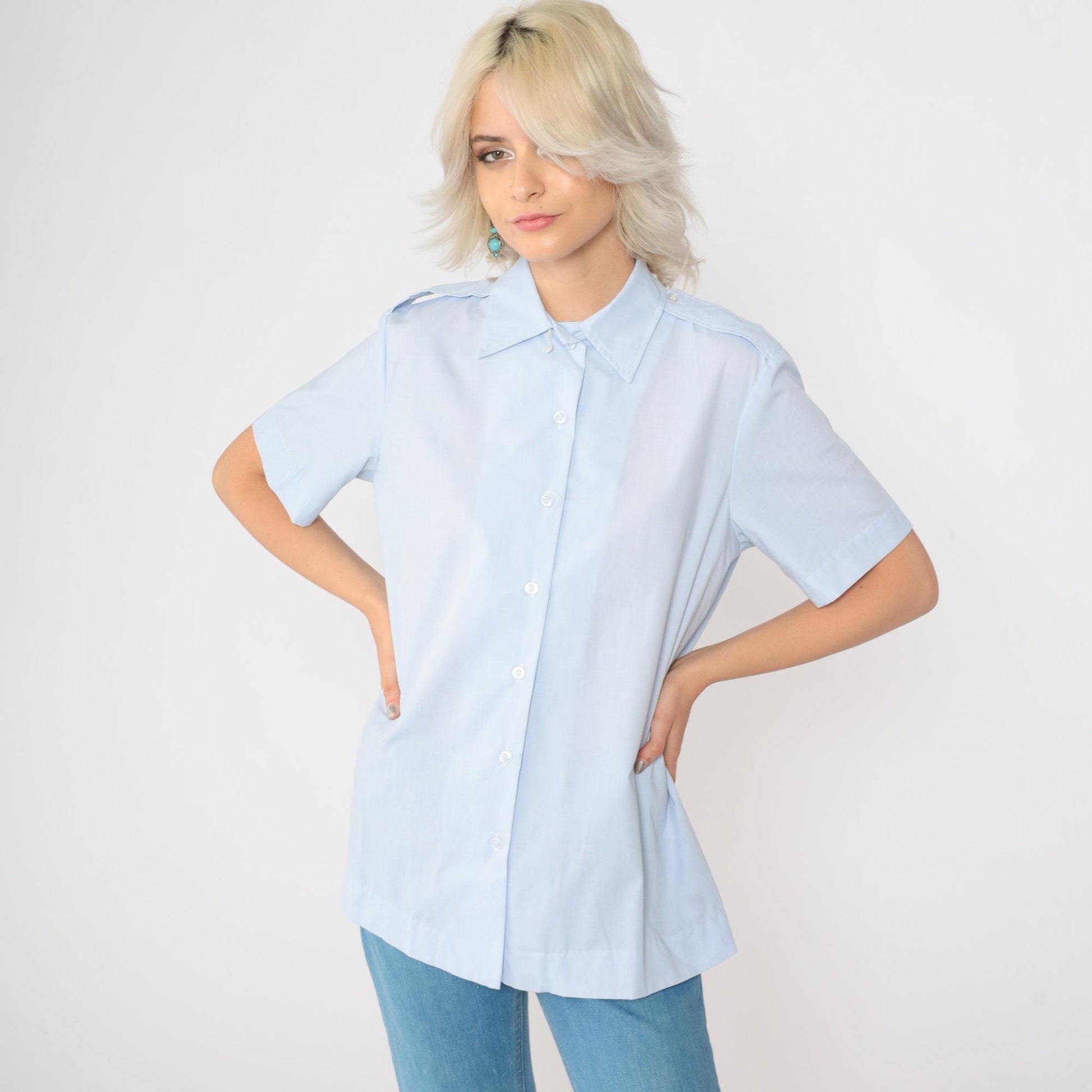 90s Baby Blue Maternity Utility Shirt Short Sleeve Button Up Small