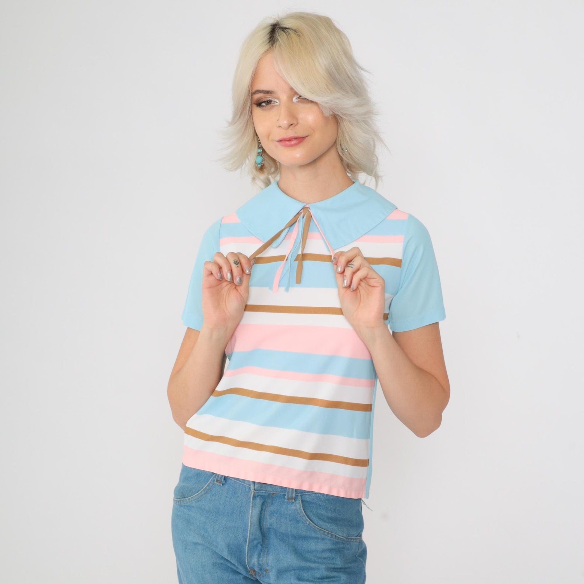 60s Striped Blouse Pilgrim Collar Tassel Neckline Blue Pink Brown Extra Small