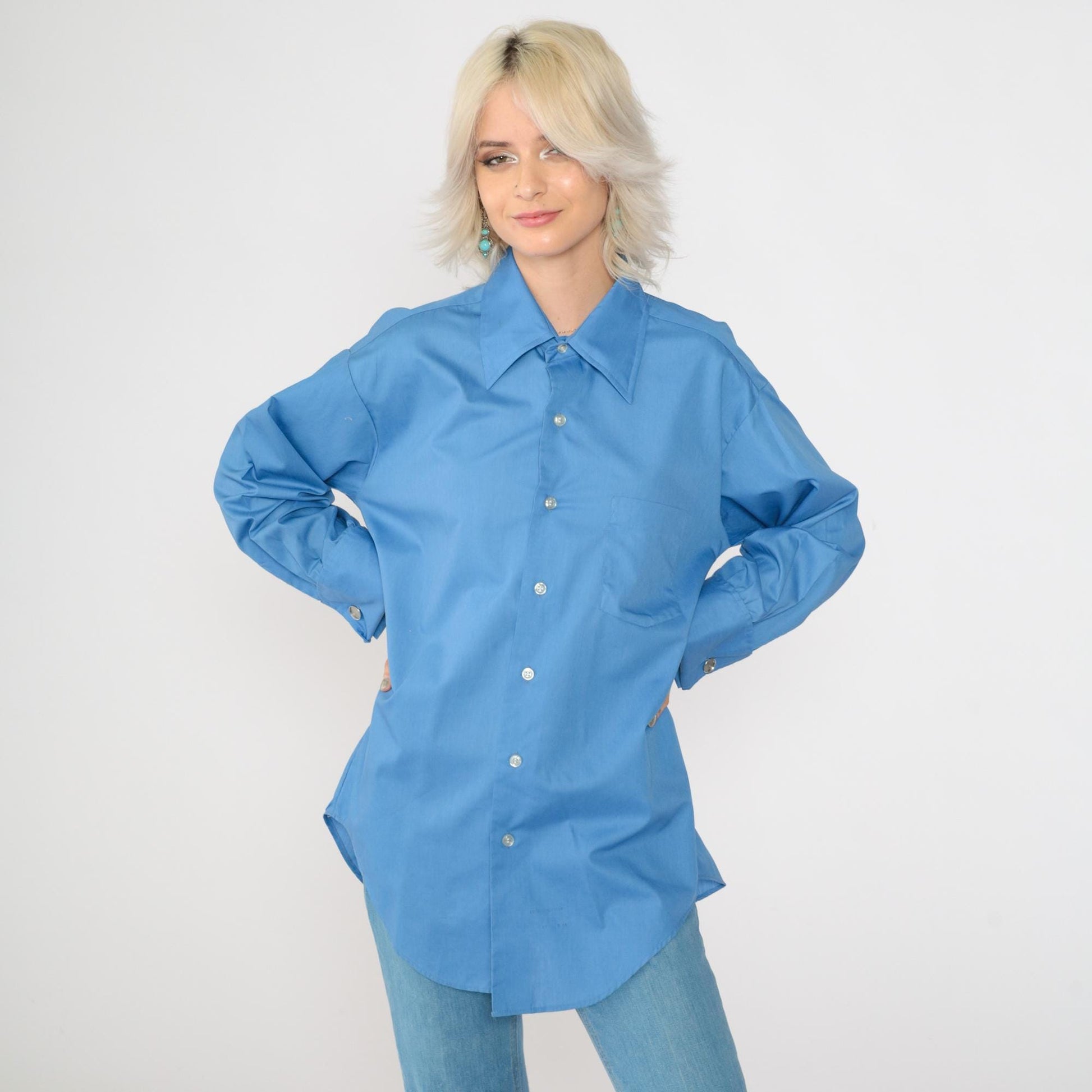 70s Capri by David of California Blue Button-Up Shirt Dagger Collar Large