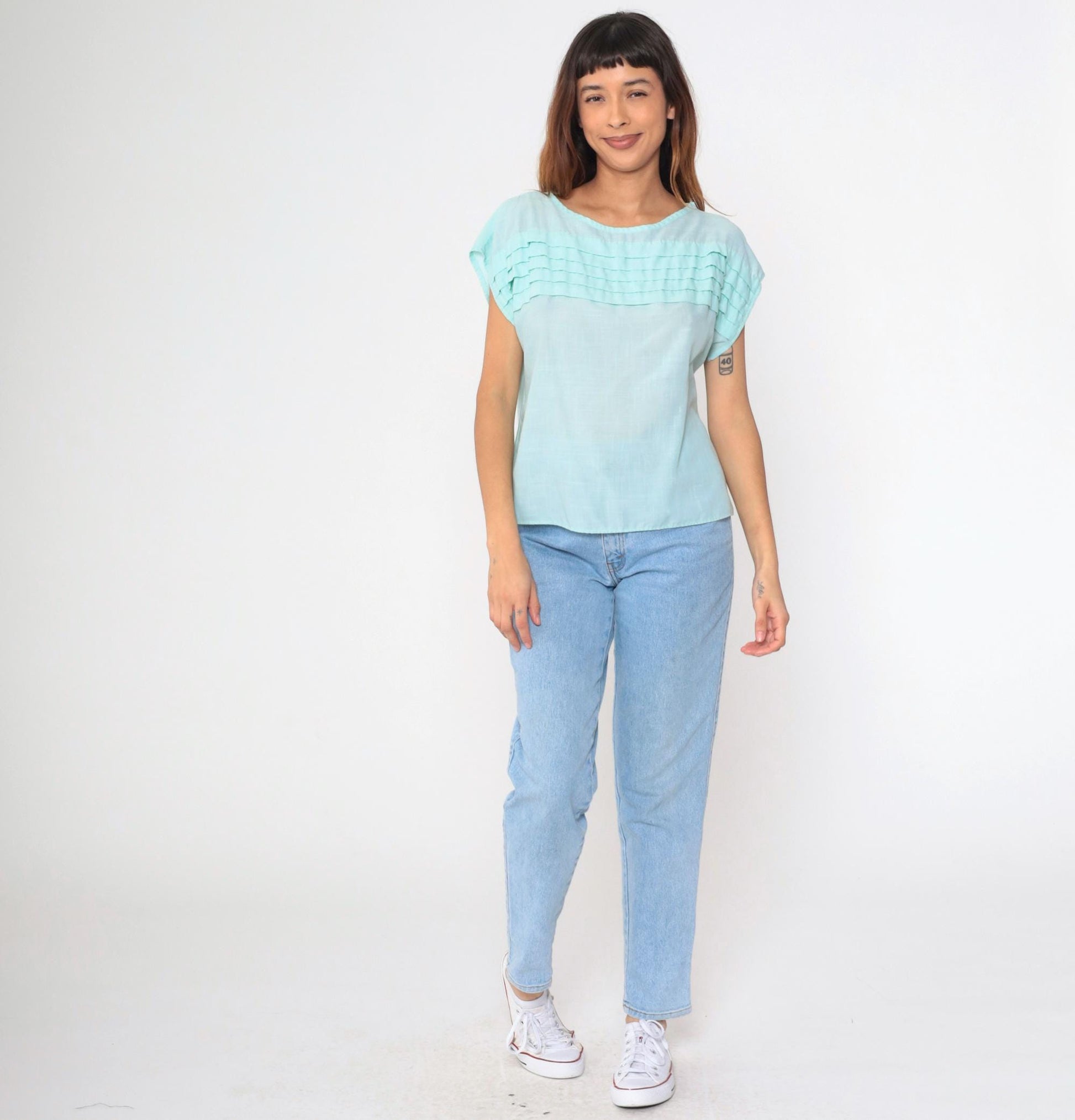 80s Angela Pellina Aqua Cap Sleeve Blouse Pleated Chest Medium