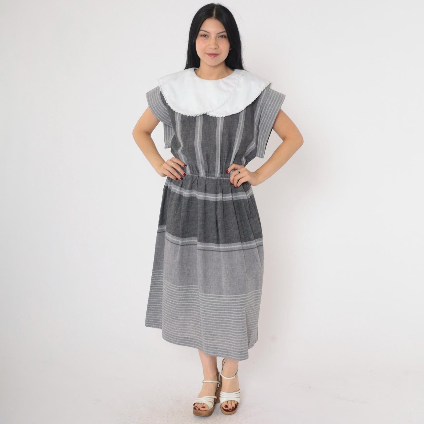 80s Grey Striped Midi Dress White Puritan Collar Cap Sleeve Elastic Waist Medium
