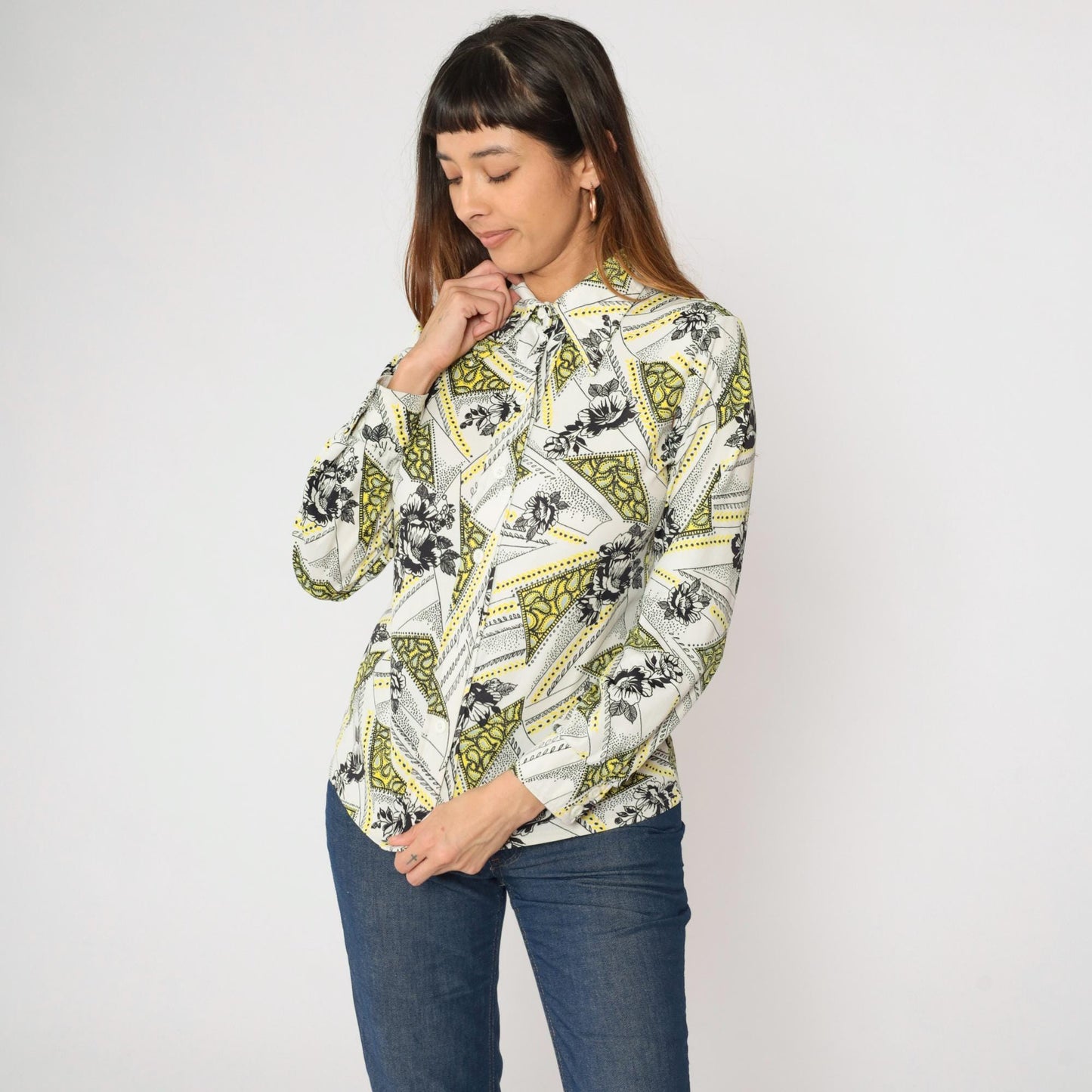 70s Floral Paisley Dagger Collar Button-Up Blouse Long Sleeve White Small