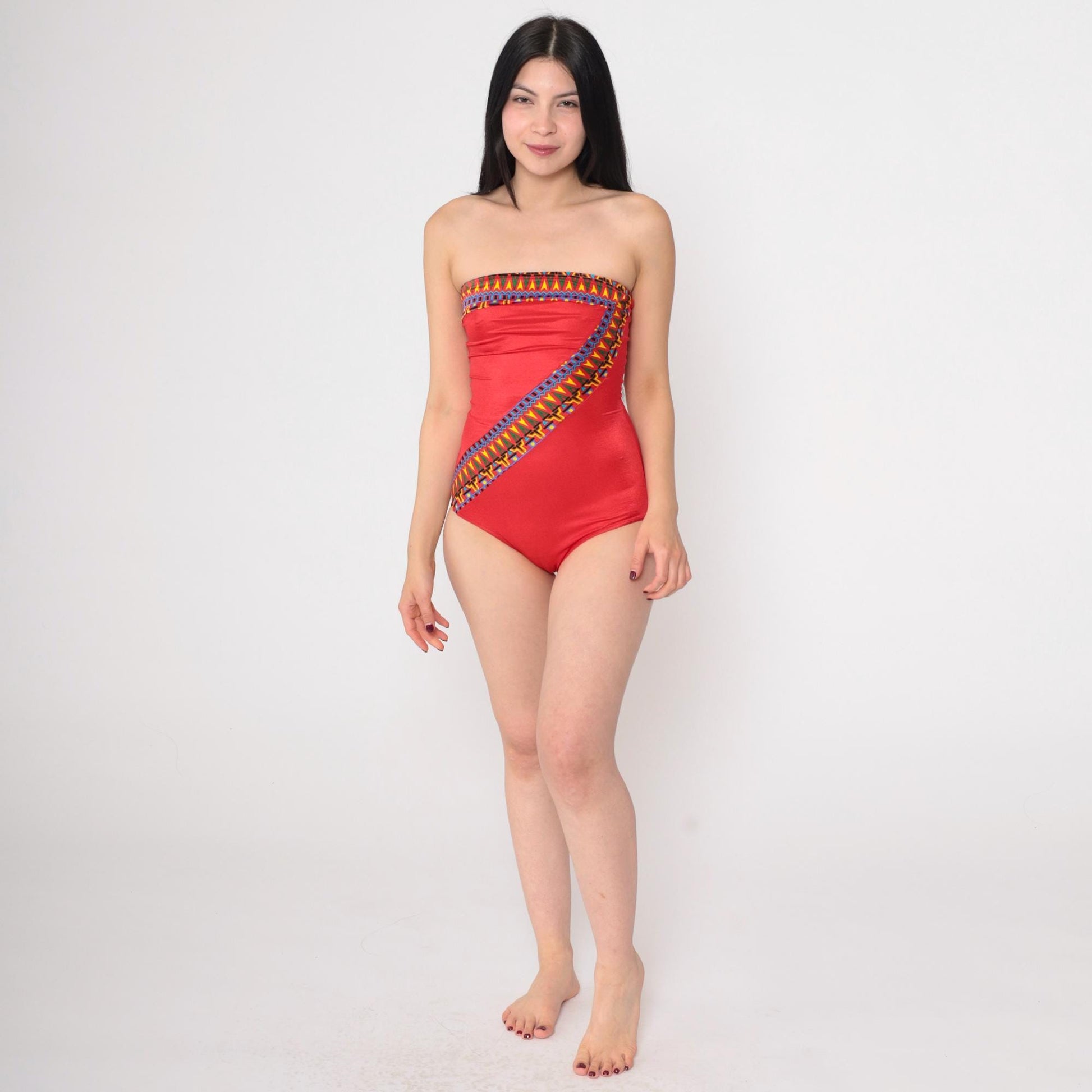 80s Red Geometric Strapless One-Piece Swimsuit Southwestern Small
