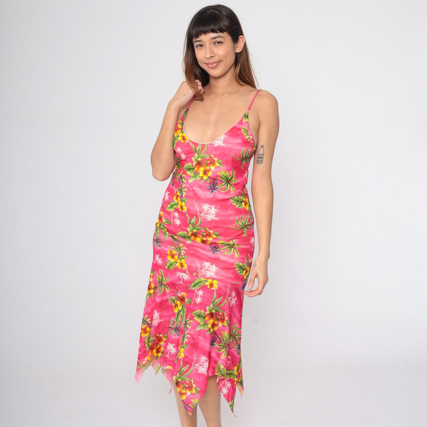 Y2K Pink Hibiscus Floral Midi Dress Bodycon Spaghetti Strap Hanky Hem Small