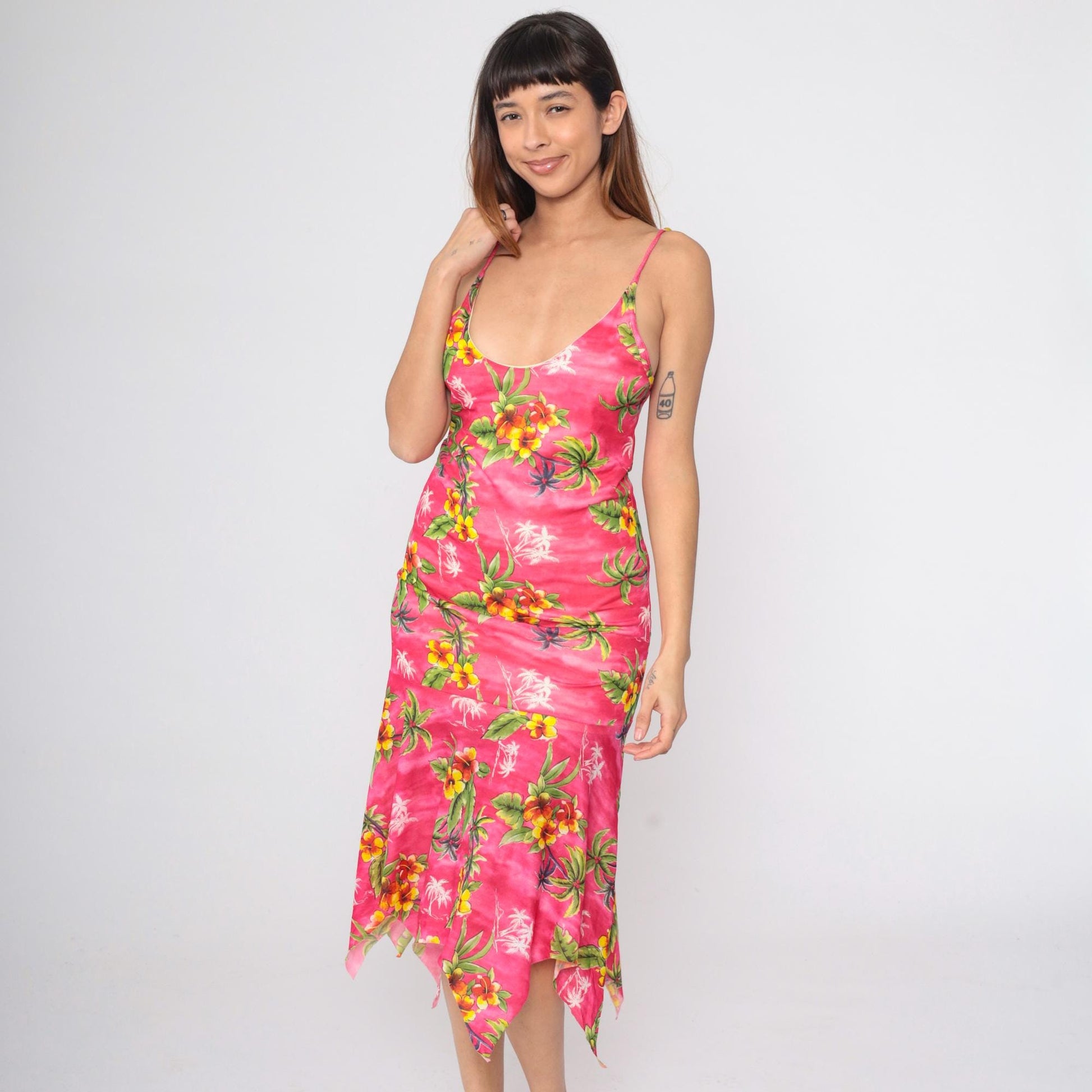 Y2K Pink Hibiscus Floral Midi Dress Bodycon Spaghetti Strap Hanky Hem Small