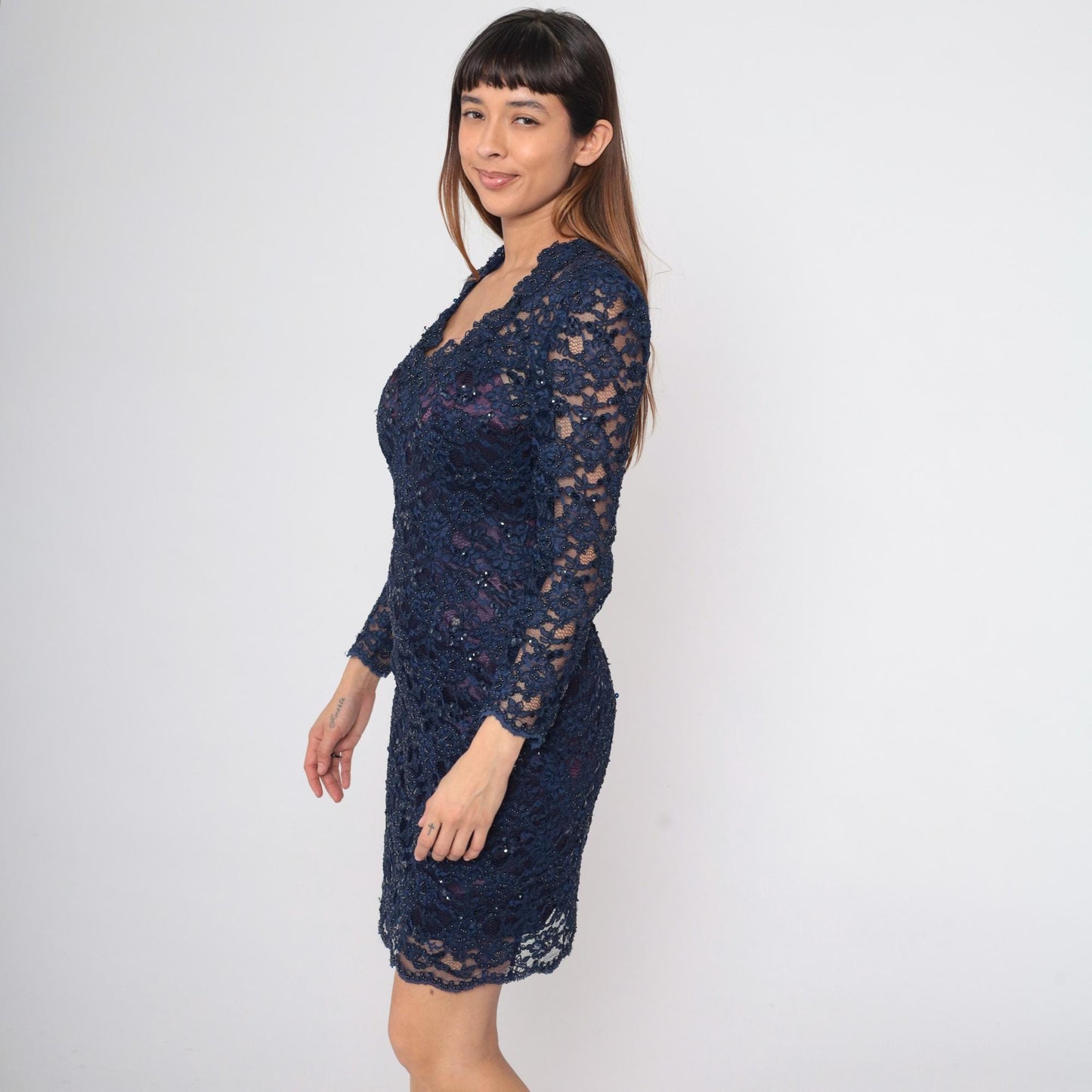 90s Navy Beaded Lace Mini Dress Long Sleeve Bodycon Sequin Small S