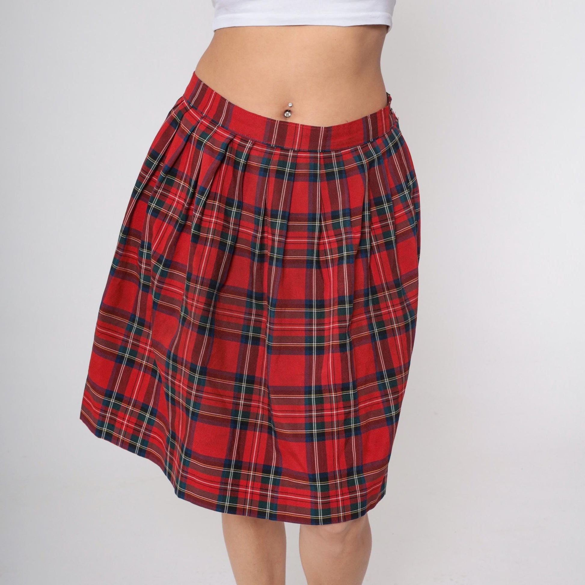 90s Red Plaid Pleated Midi Skirt High Waist Tartan Medium