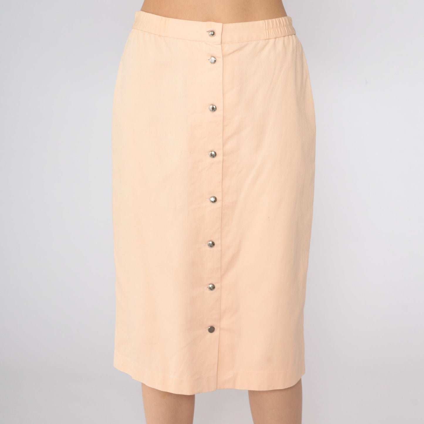 80s Peach Snap-Front Midi Skirt Studded Sides High Waist Medium
