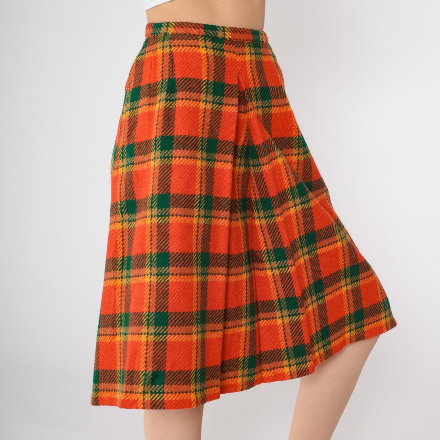 70s Plaid Wool Midi Skirt High Waisted Pleated Tartan Small