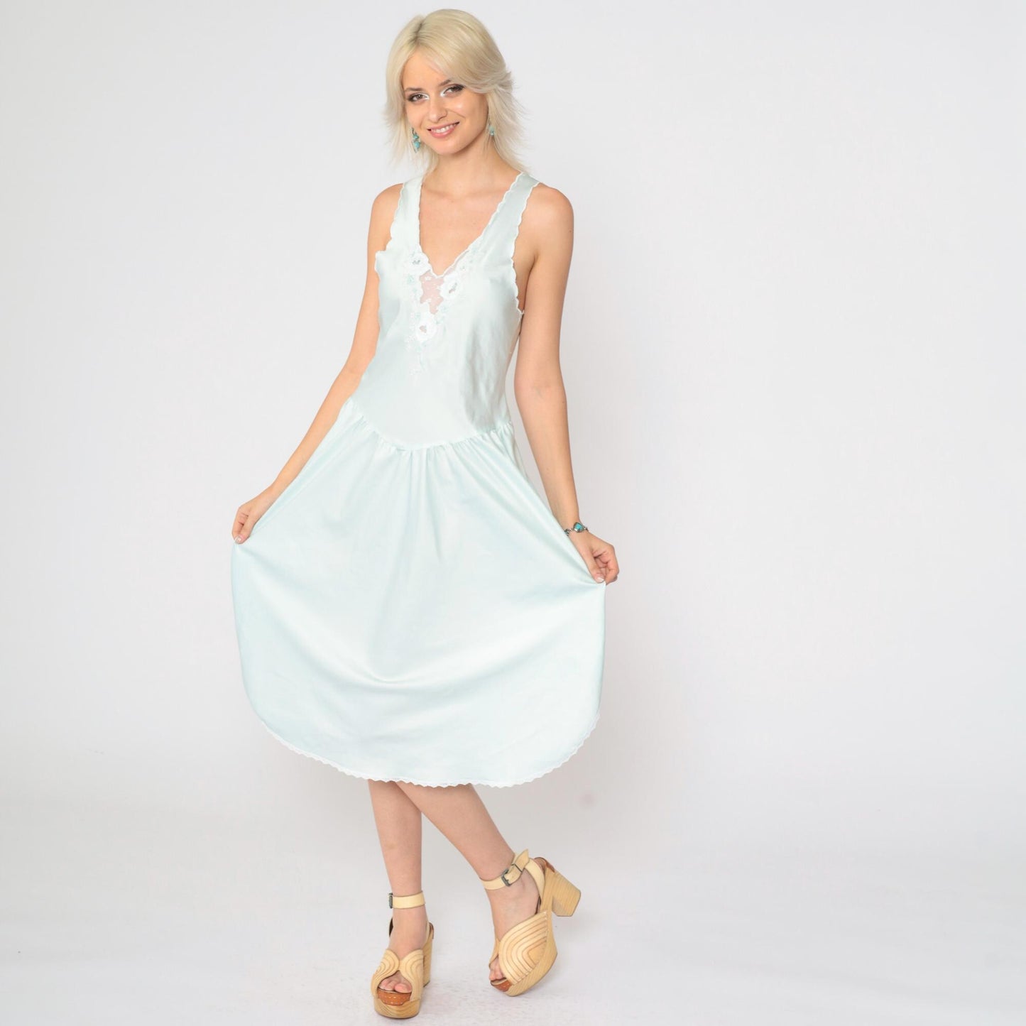 80s Baby Blue Satin Slip Dress Floral Embroidered Lace Midi Nightgown Extra Small