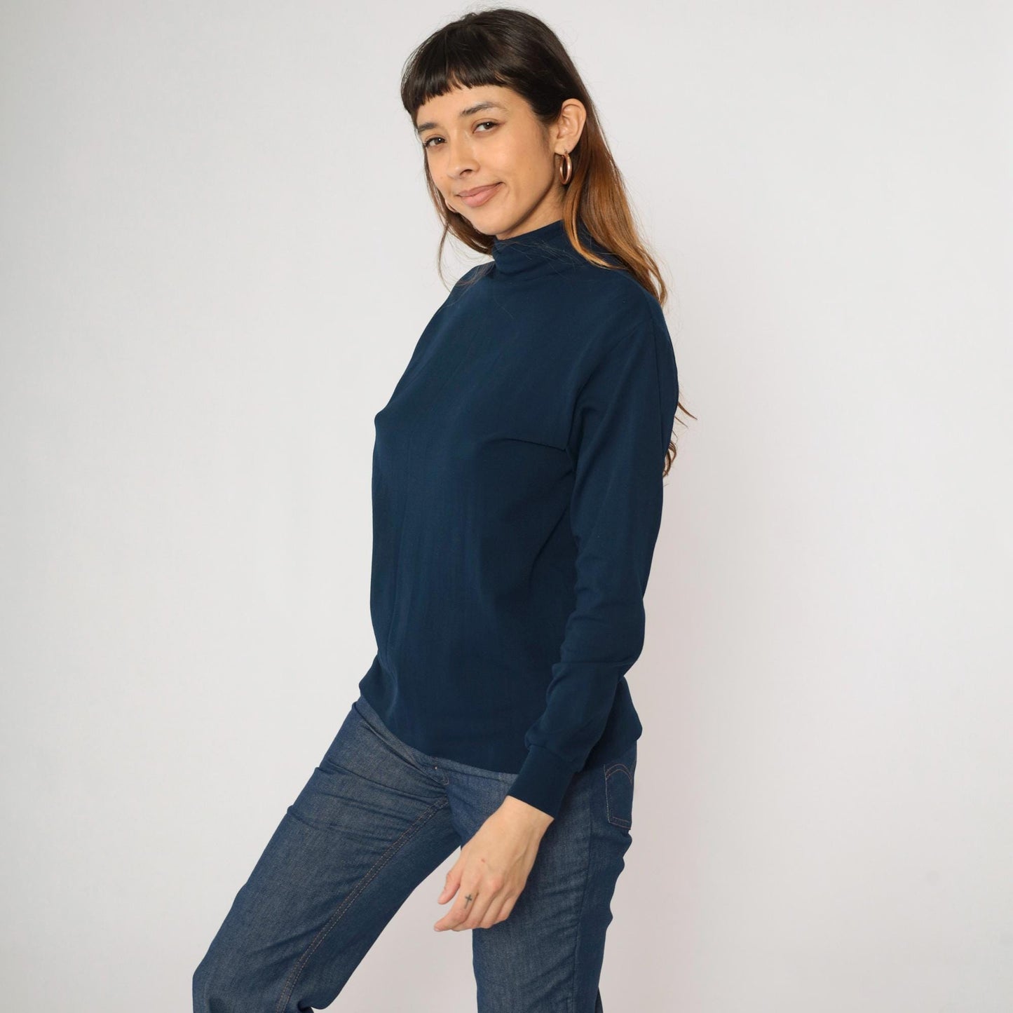 70s Roffe Ski Pullover Navy Mock Neck Nylon Long Sleeve Medium M
