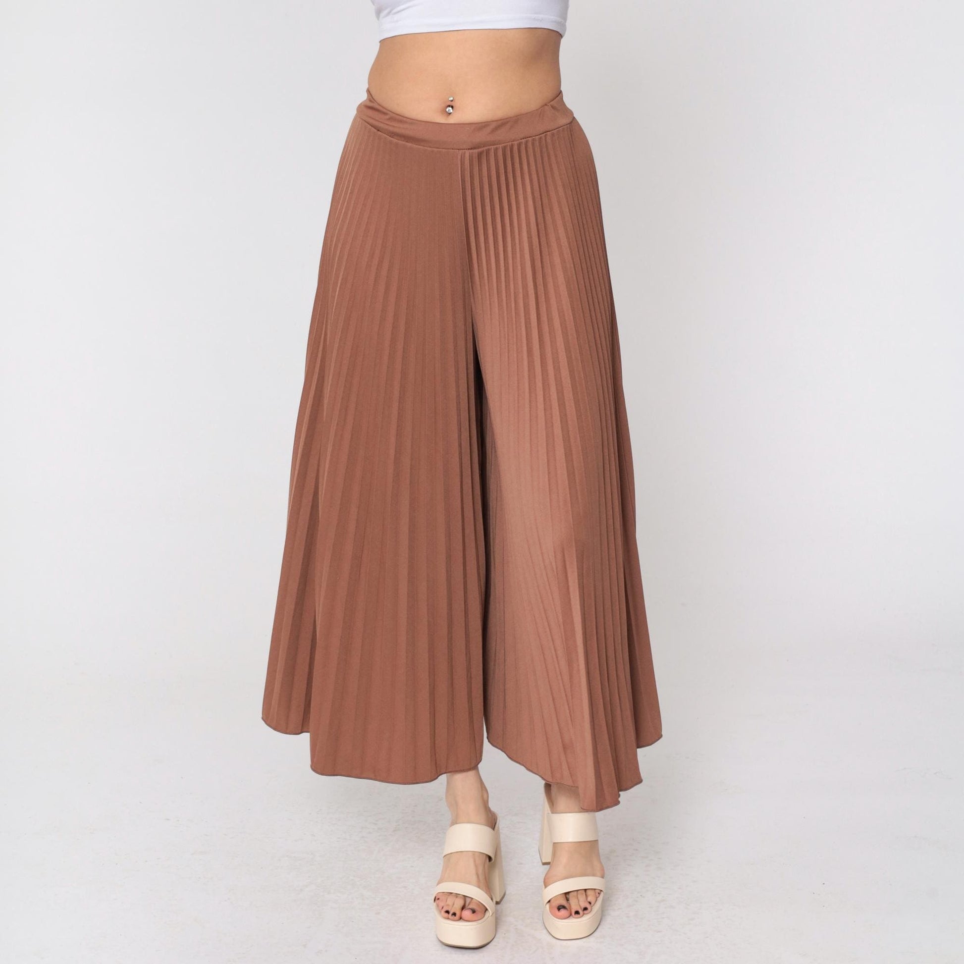 Y2K Brown Pleated Palazzo Pants High Waisted Wide Leg Small Medium