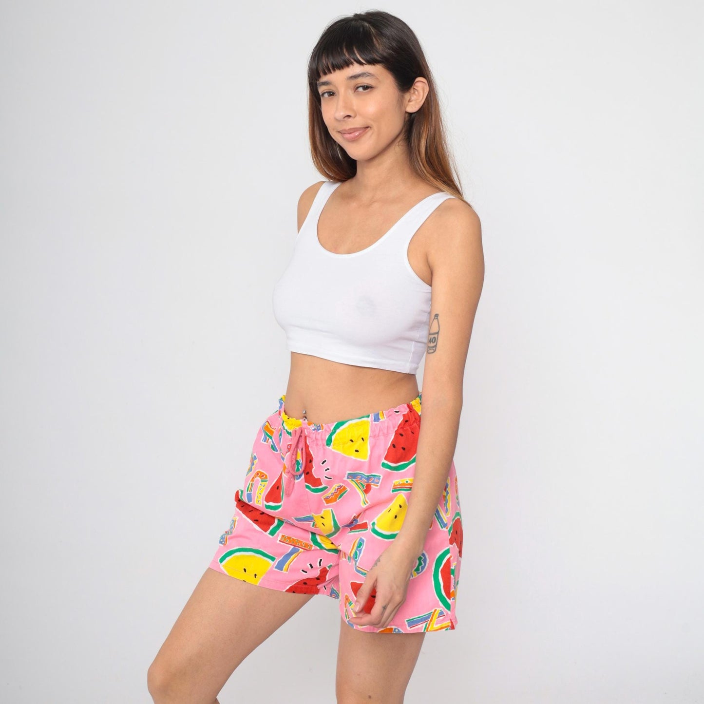 90s Tropical Watermelon Alphabet Print Shorts Pink Drawstring Small Medium